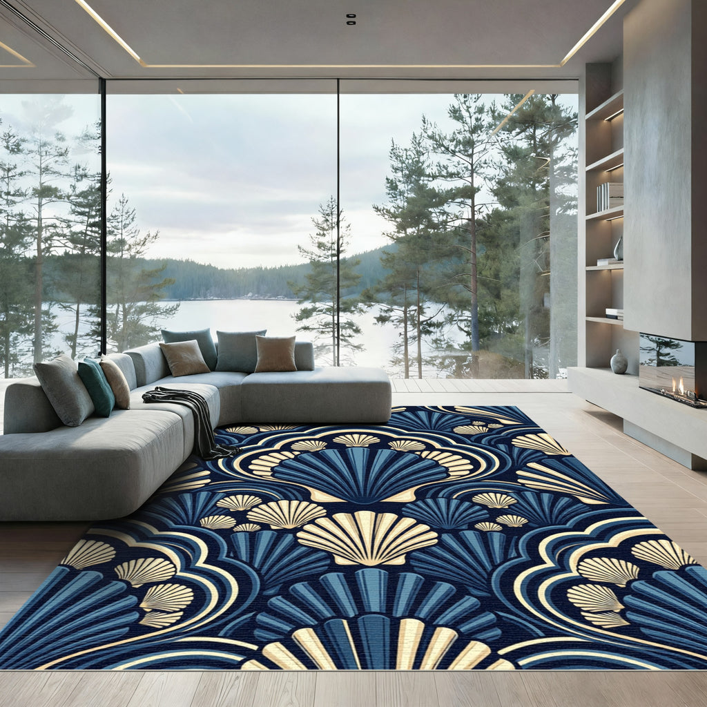 Art Deco Midnight Navy Shell Wallpaper Rug