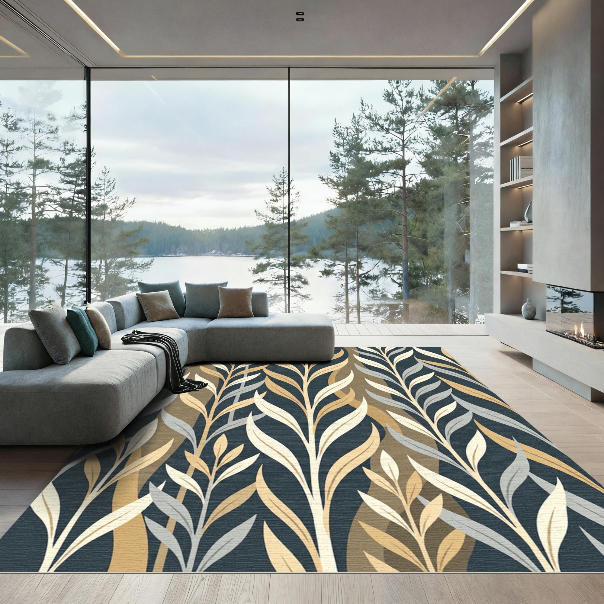 Dark Teal Leafy Branches Rug