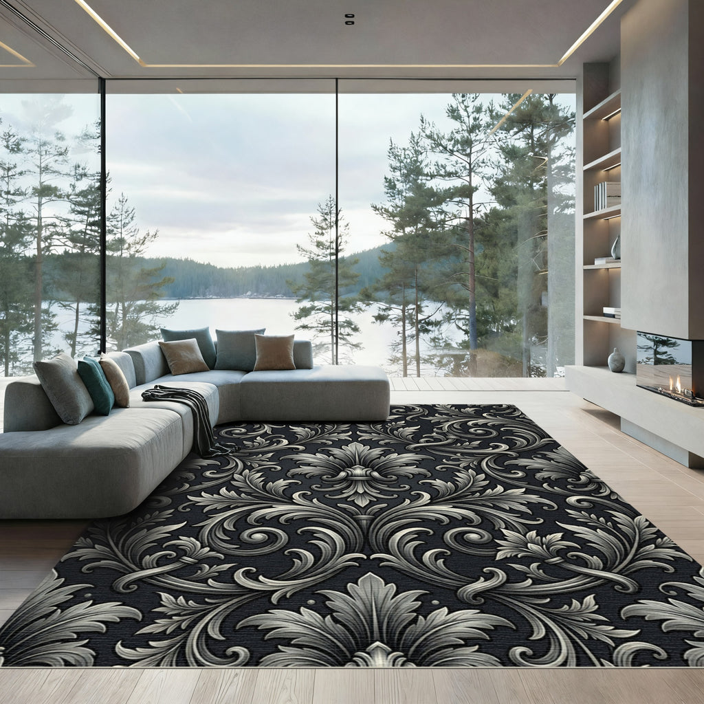 Dark Gray Ornate Acanthus Scroll Rug