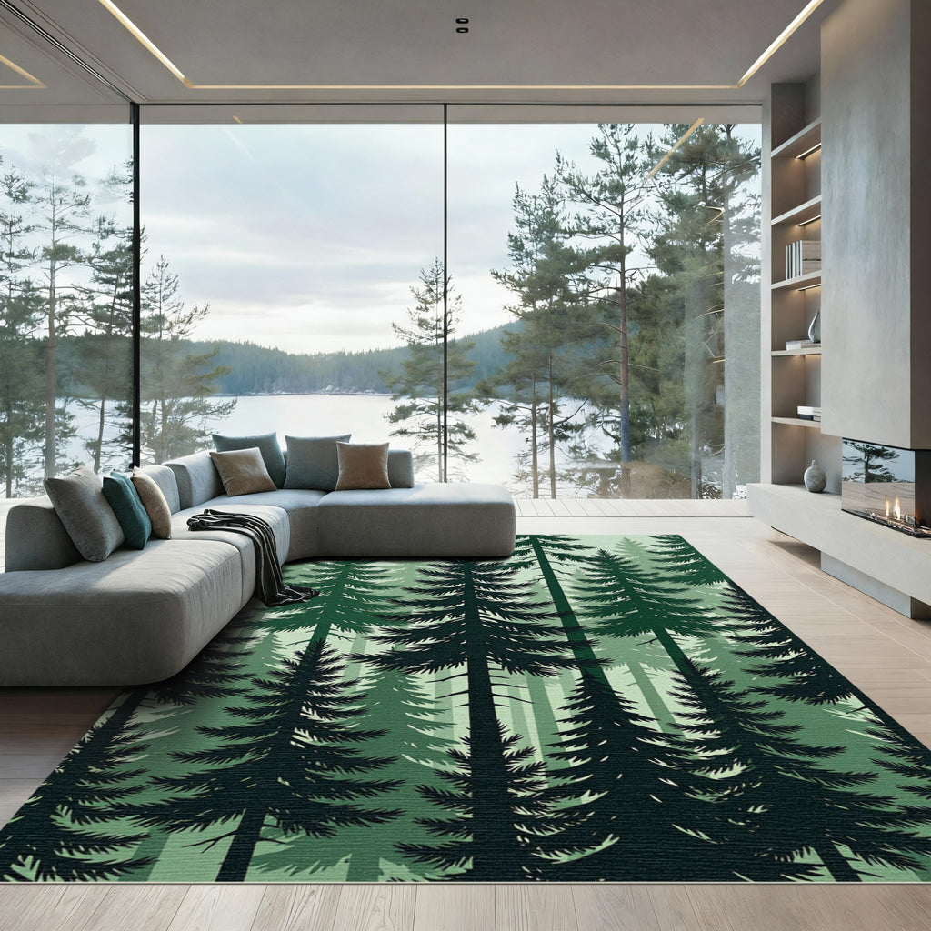 Dark Green Forest Silhouette Trees Rug