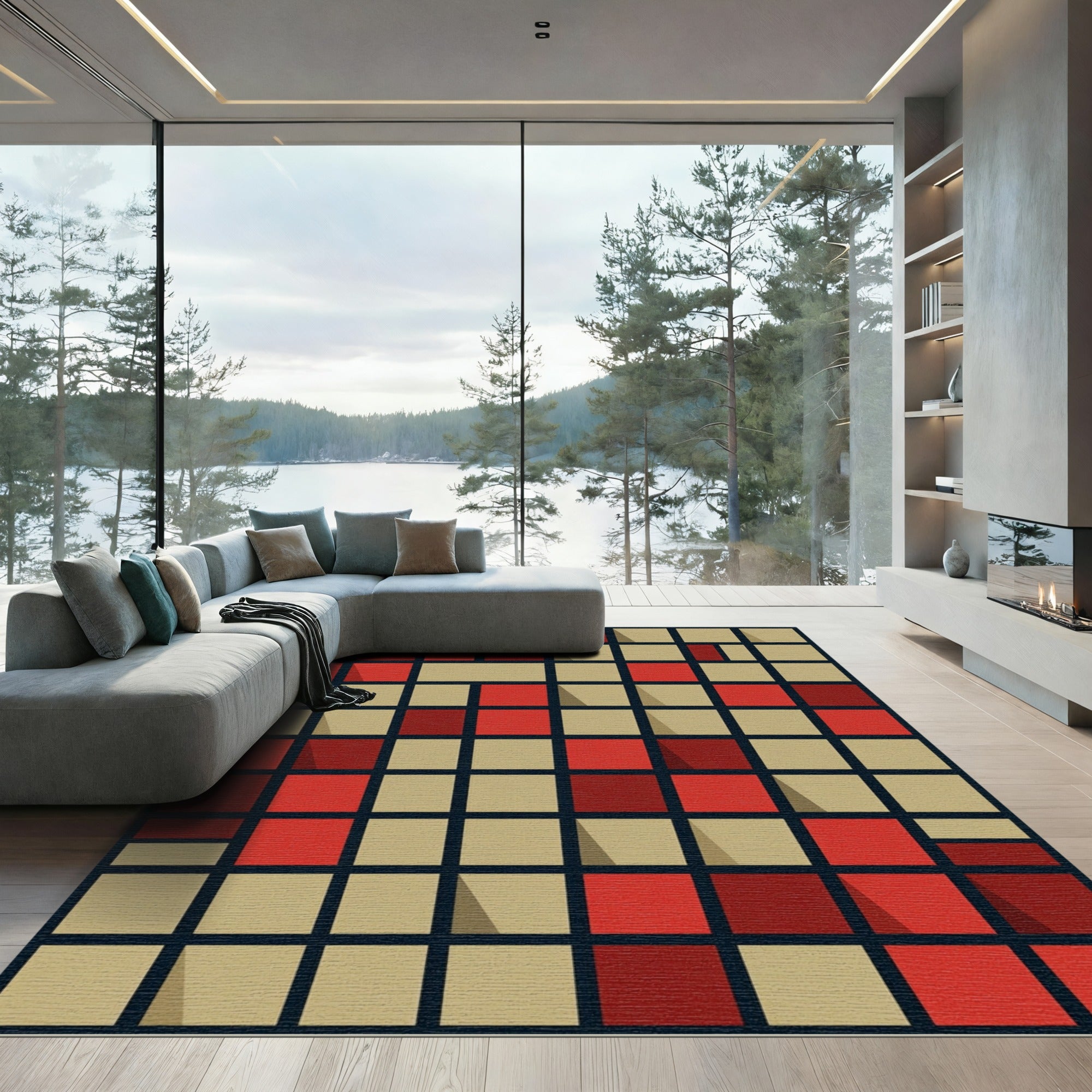 Red Tan Square Shadow Play Rug