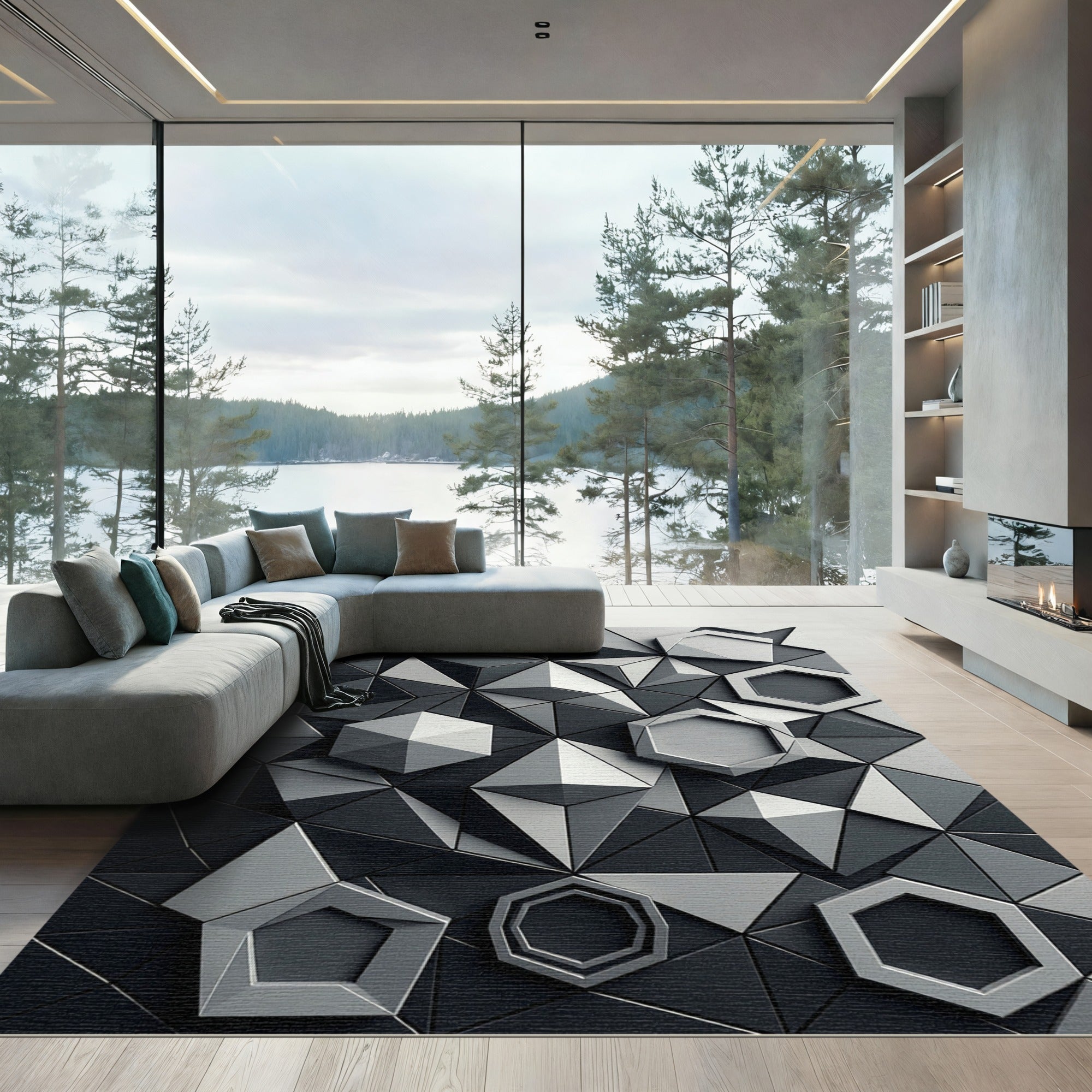 Monochromatic Geometric Hexagon Prism Mosaic Rug