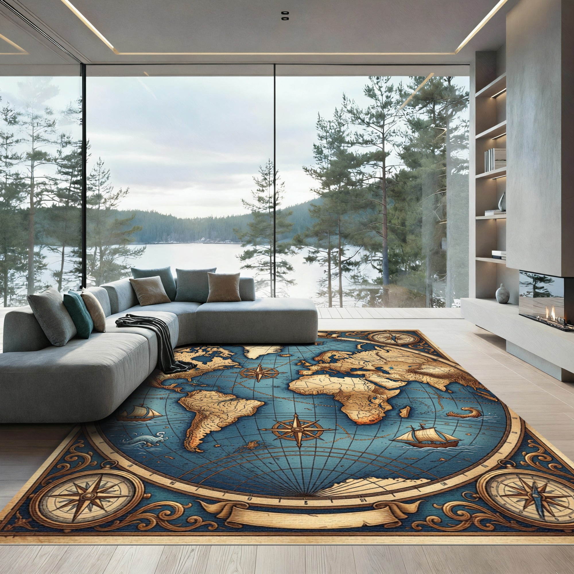Vintage Nautical World Map Illustration Rug