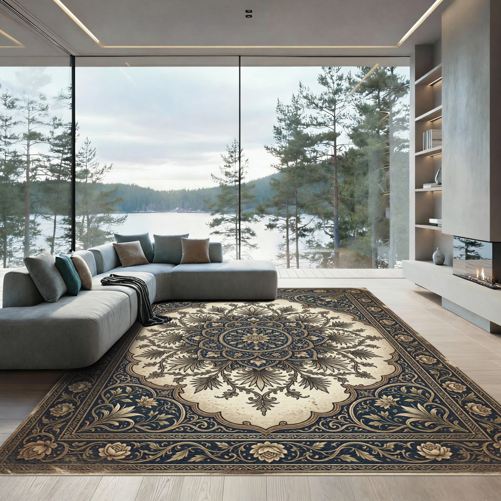 Deep Blue Vintage Floral Arch Rug