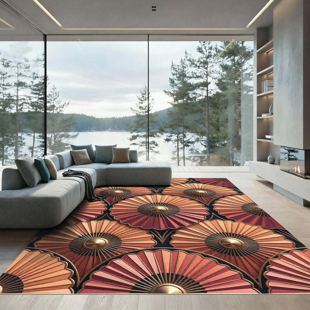 Art Deco Sunburst Fan Coral Rug