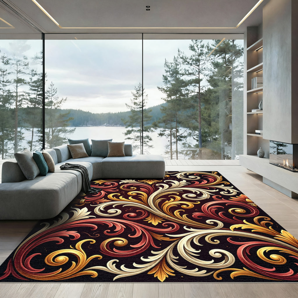 Elegant Ornate Golden Crimson Scrollwork Rug