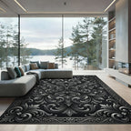 Ornate Silver Floral Scrollwork Rug