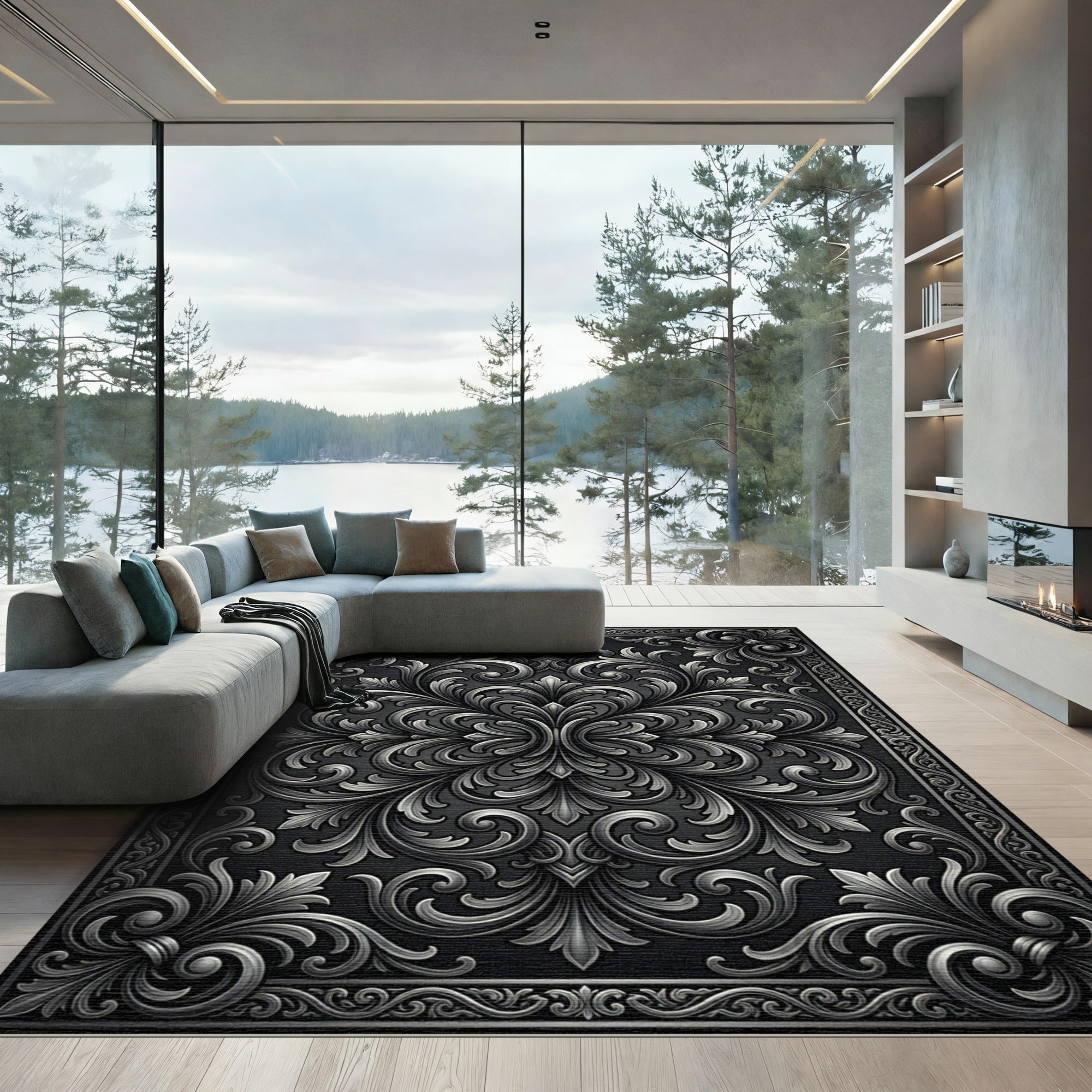 Ornate Silver Floral Scrollwork Rug