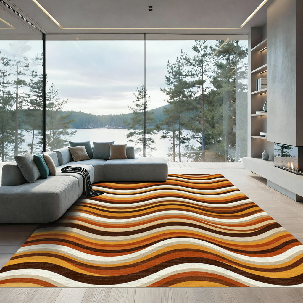 Retro Earth Tone Wavy Line Rug