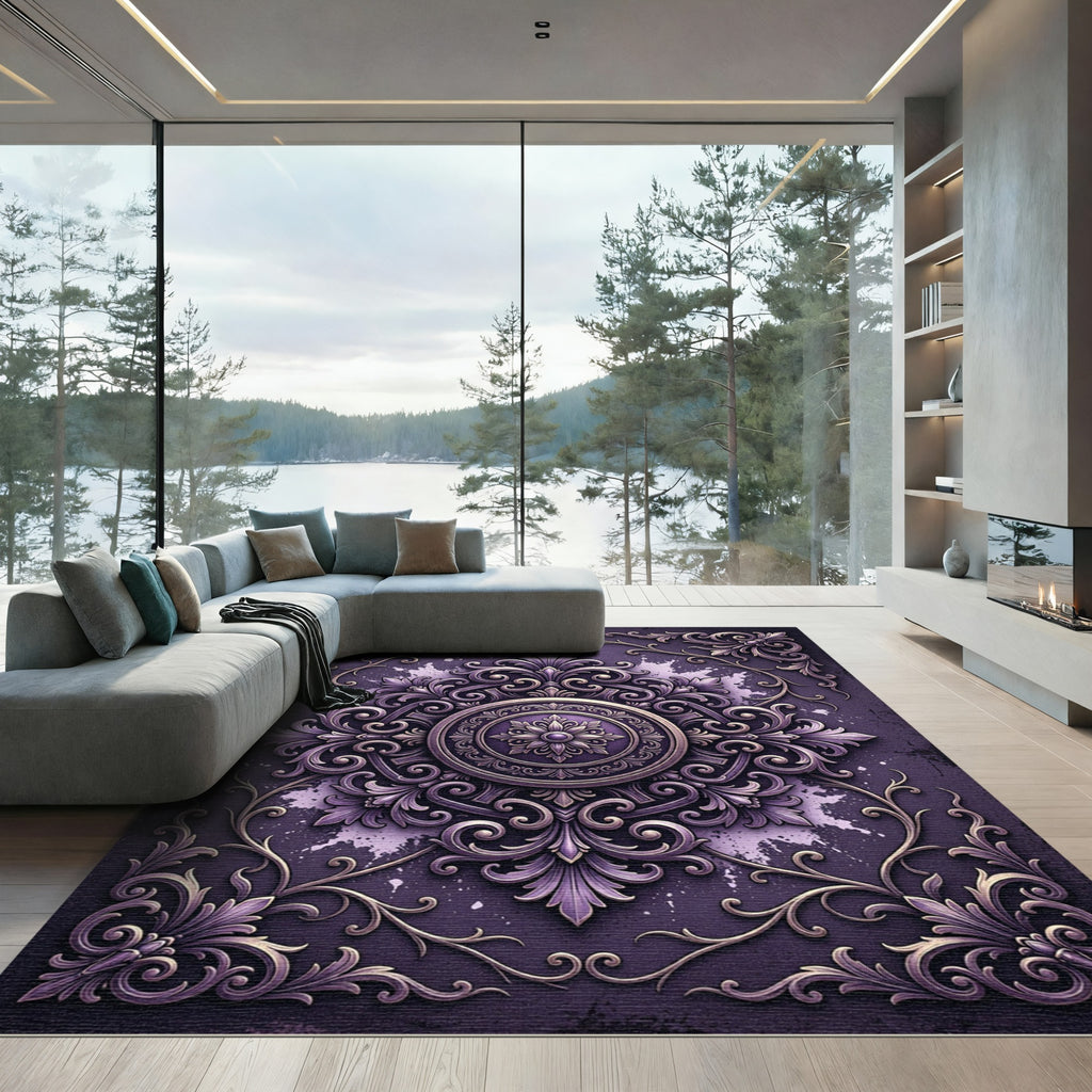 Ornate Plum Velvet Baroque Medallion Rug