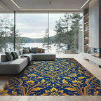 Royal Blue Golden Floral Damask Rug
