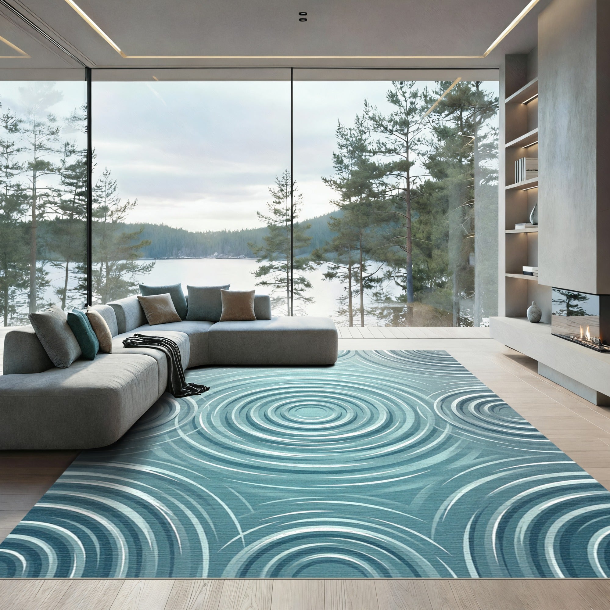 Serene Teal Rippled Concentric Circle Rug