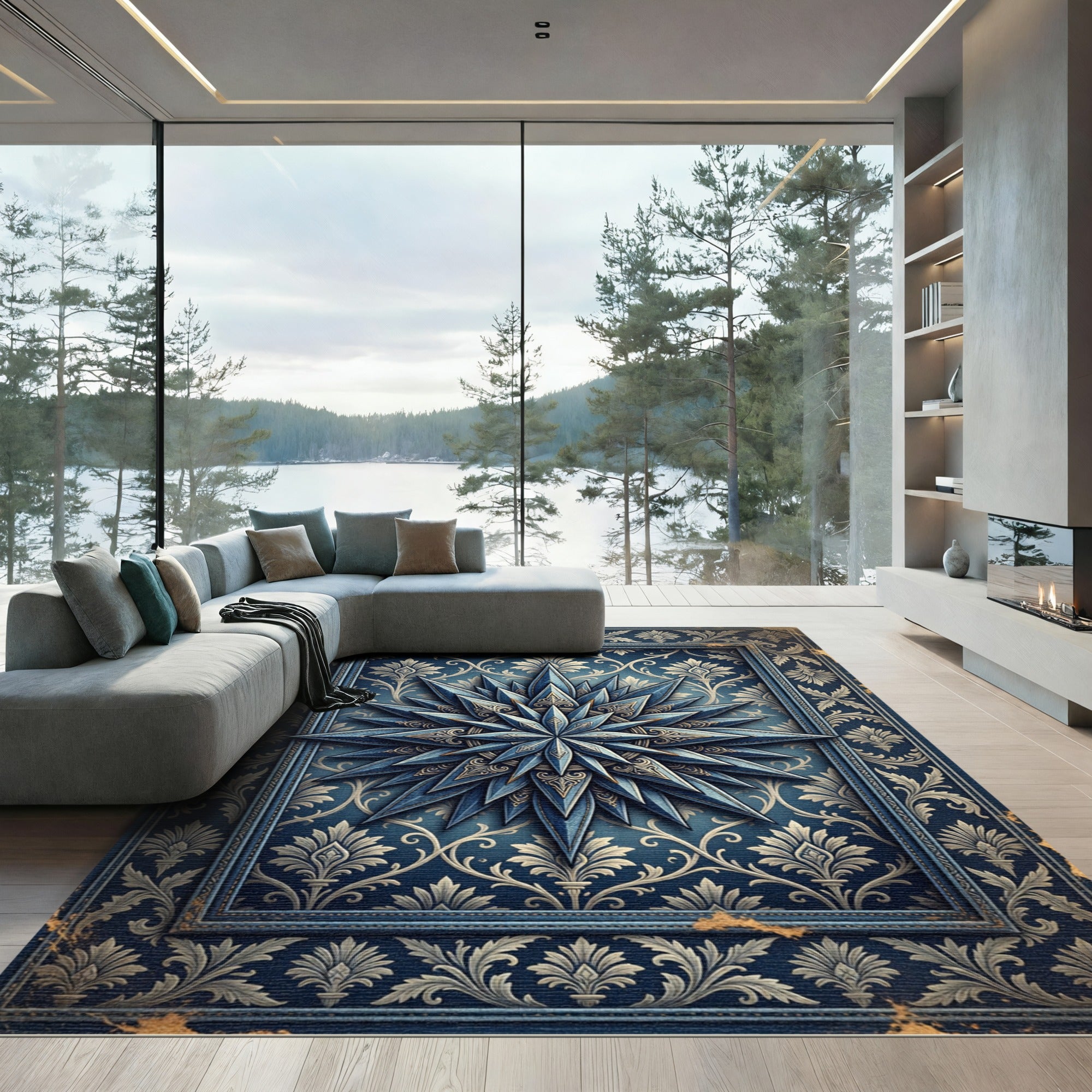 Elegant Navy Celestial Star Medallion Rug