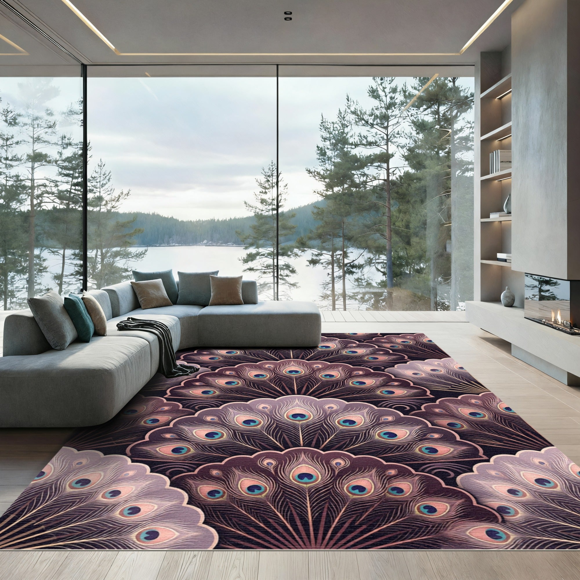 Art Deco Plum Peacock Feather Fan Rug