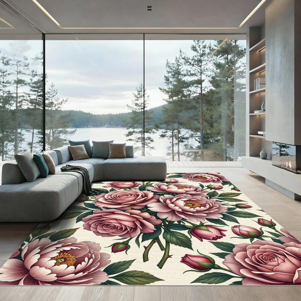 Elegant Blush Rose Peony Botanical Bouquet Rug