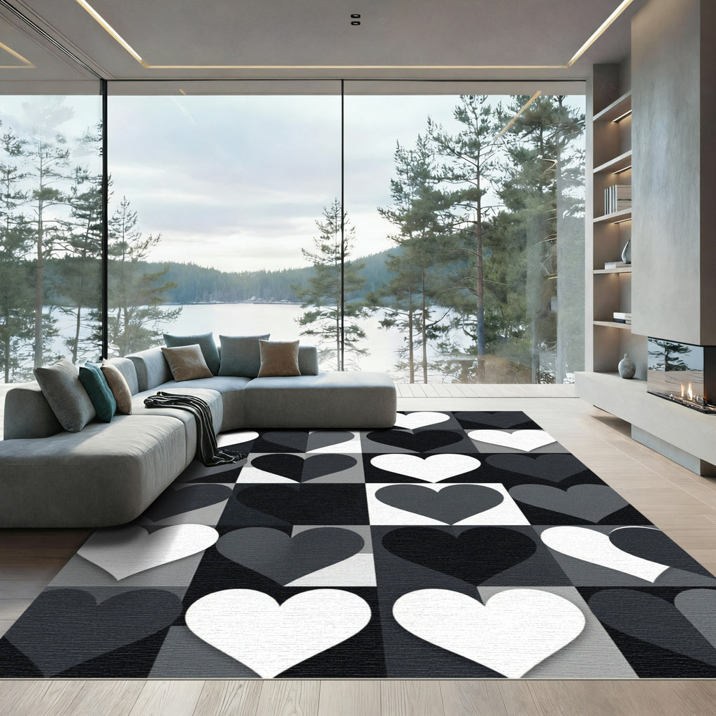 Modern Monochrome Geometric Heart Grid Rug