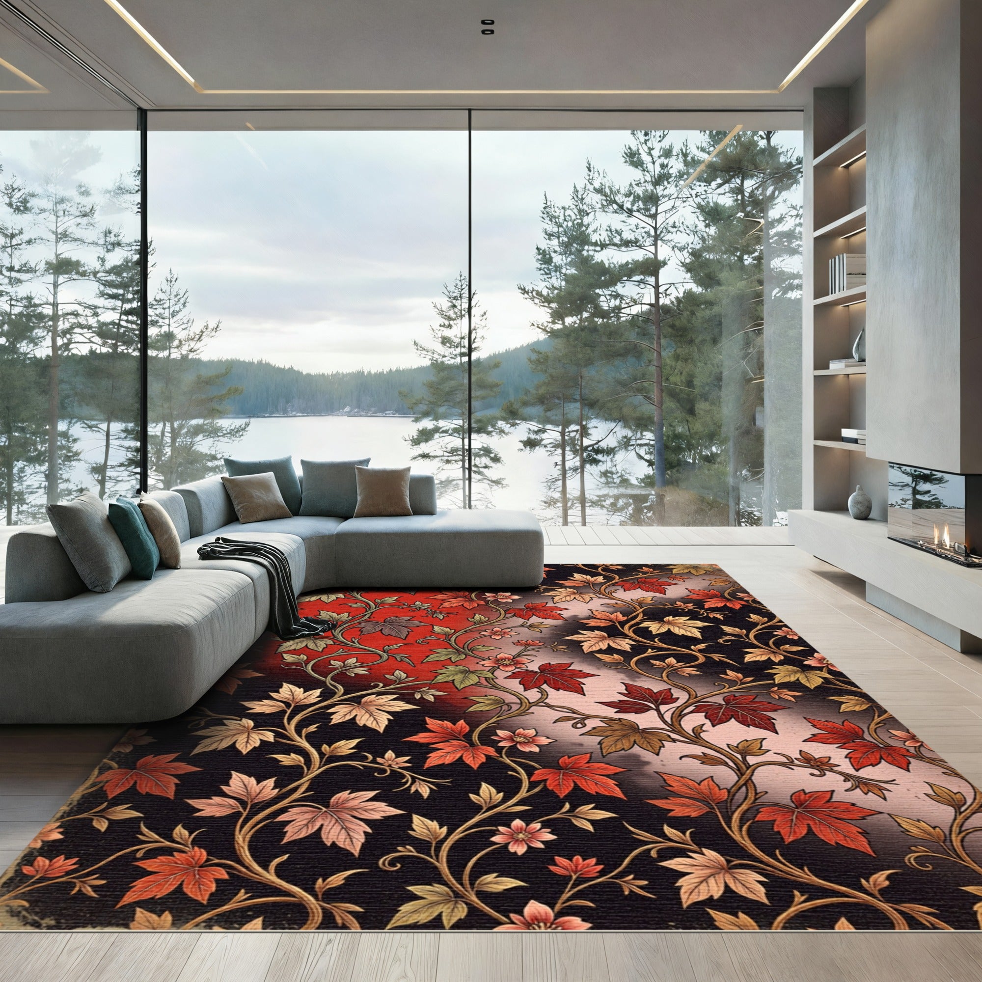 Crimson Autumn Maple Vine Scroll Rug