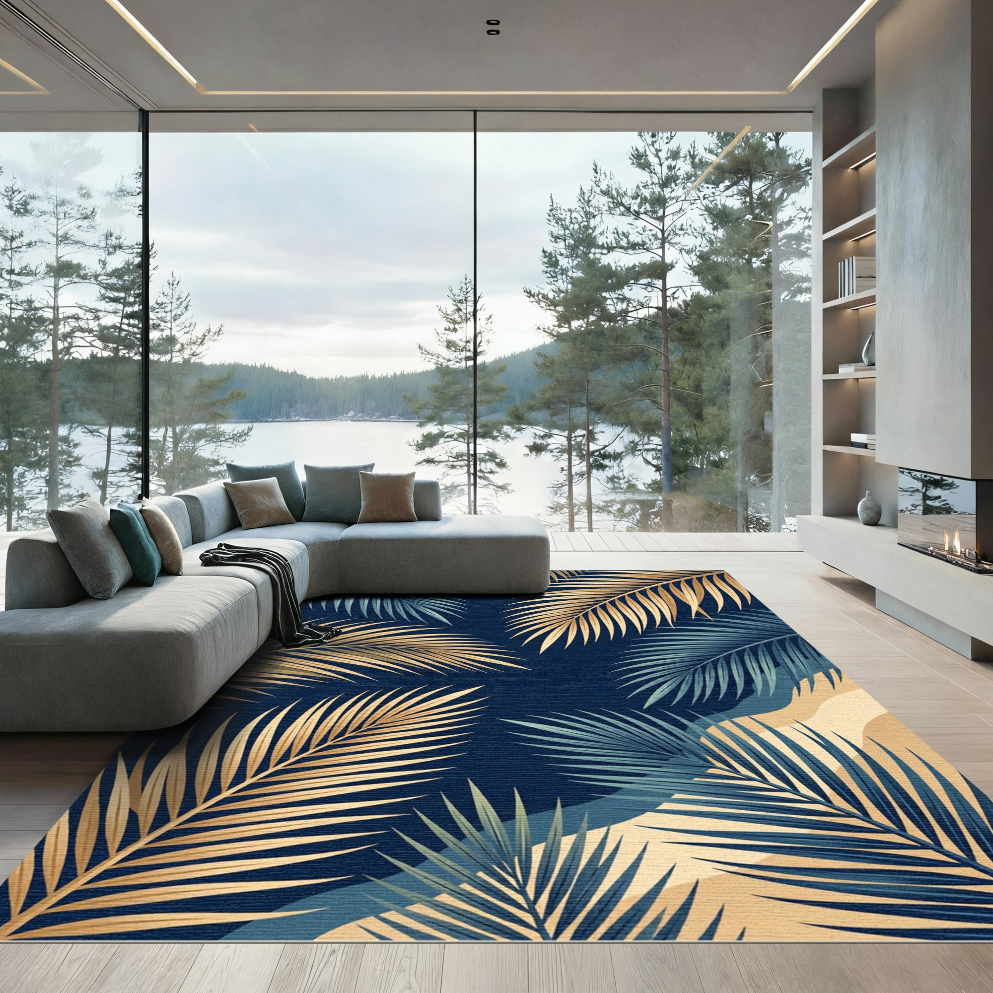 Golden and Teal Tropical Palm Leaf Rug