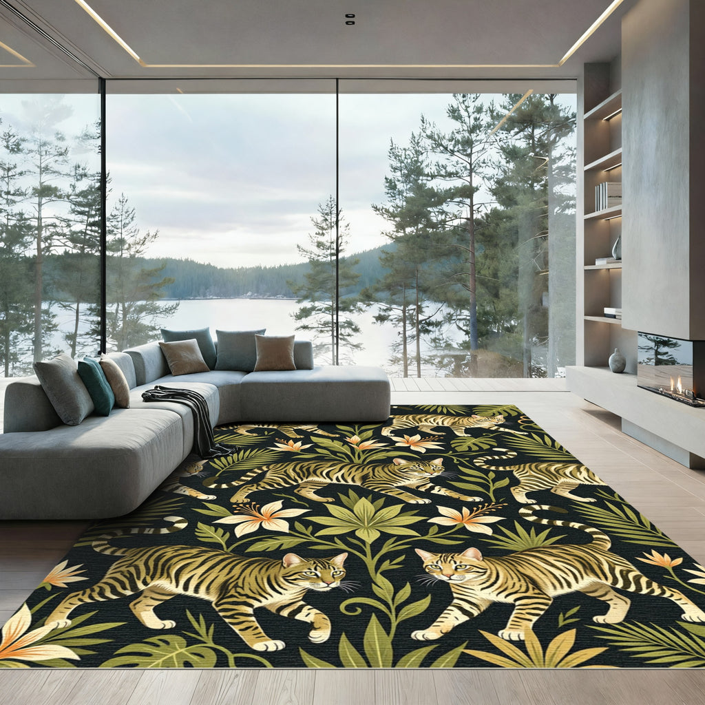 Jungle Cats Tropical Foliage Abstraction Rug