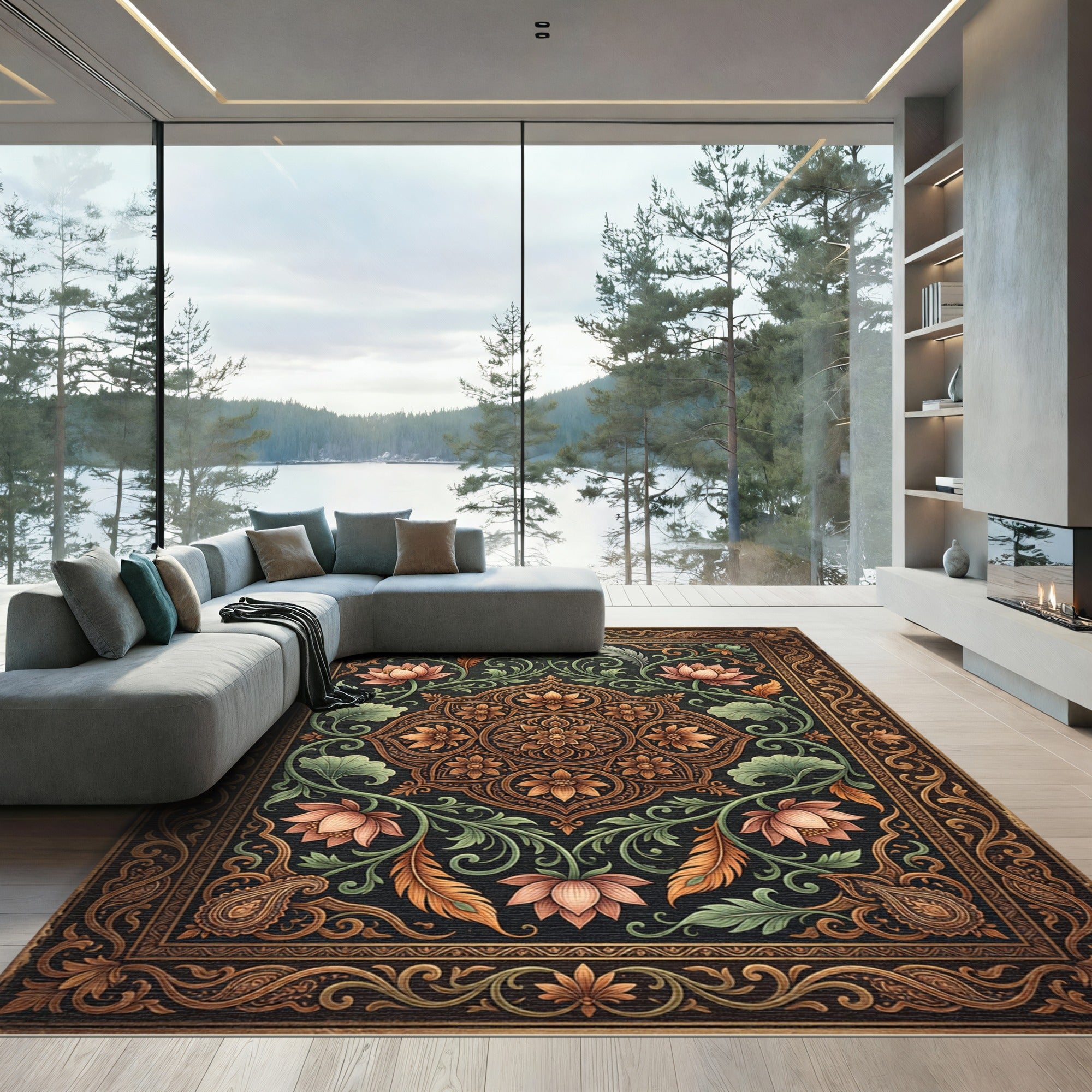 Ornate Bronze Lotus Floral Black Rug