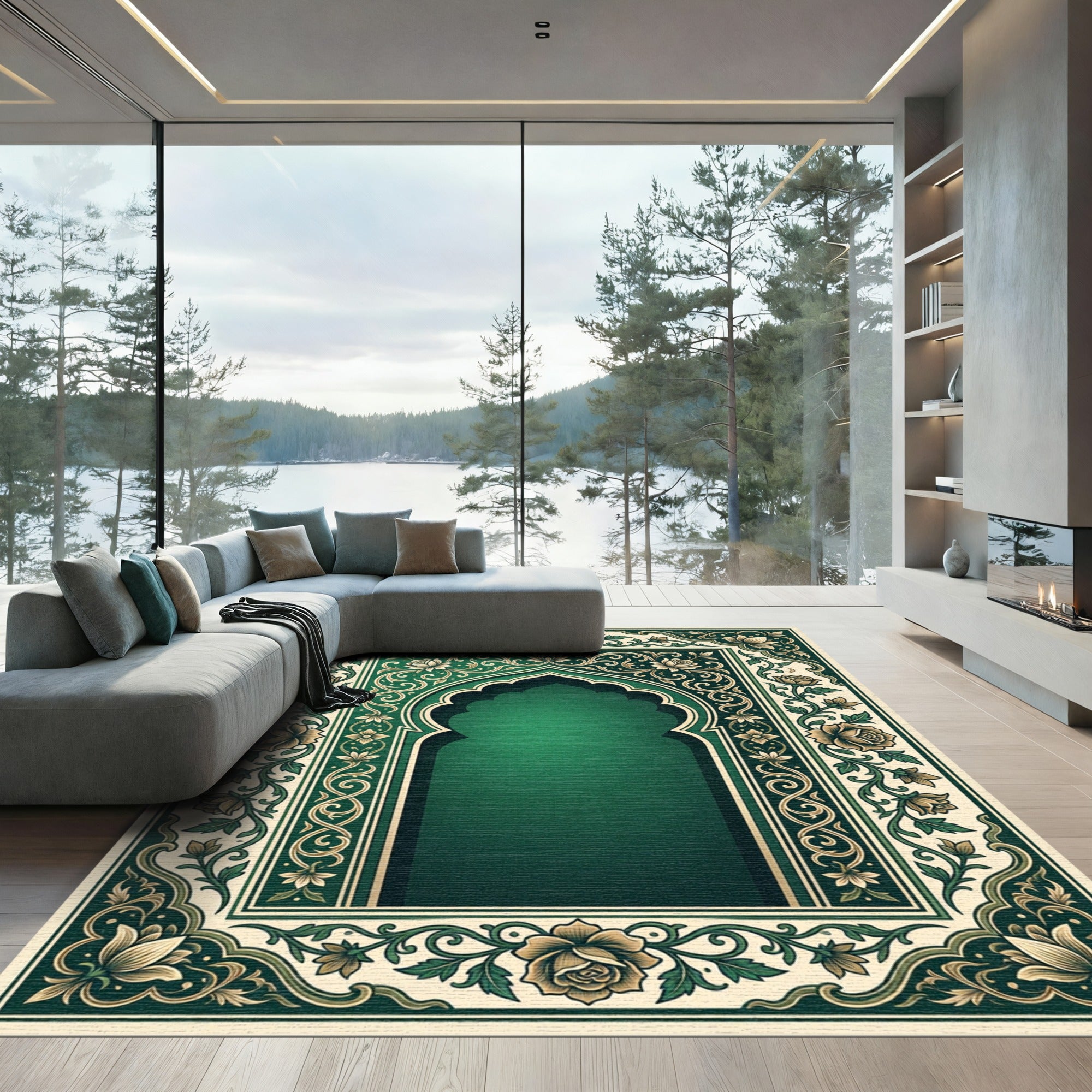 Emerald Floral Arch Ornamental Border Rug