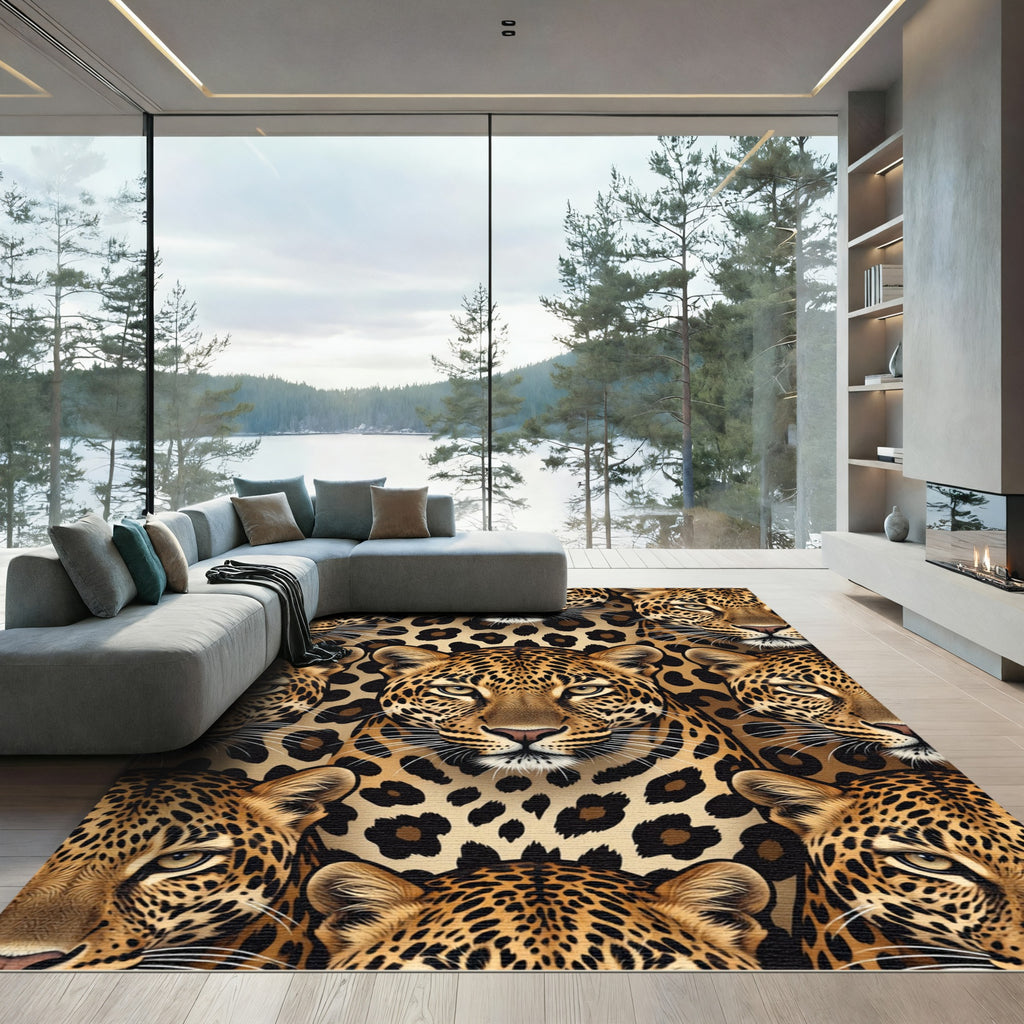 Bold Golden Leopard Face Mosaic Rug