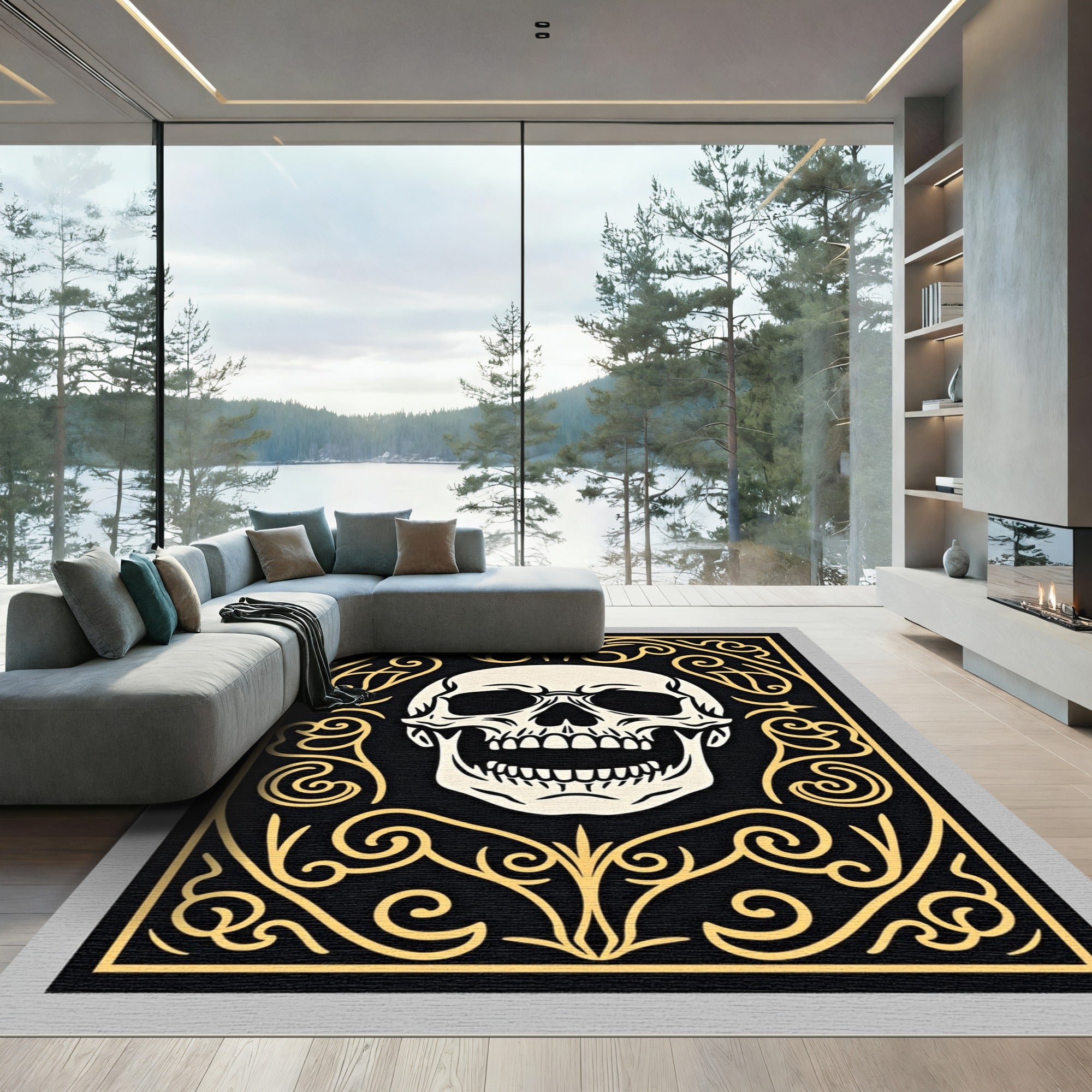 Black Gold Skull Ornamental Flourish Rug