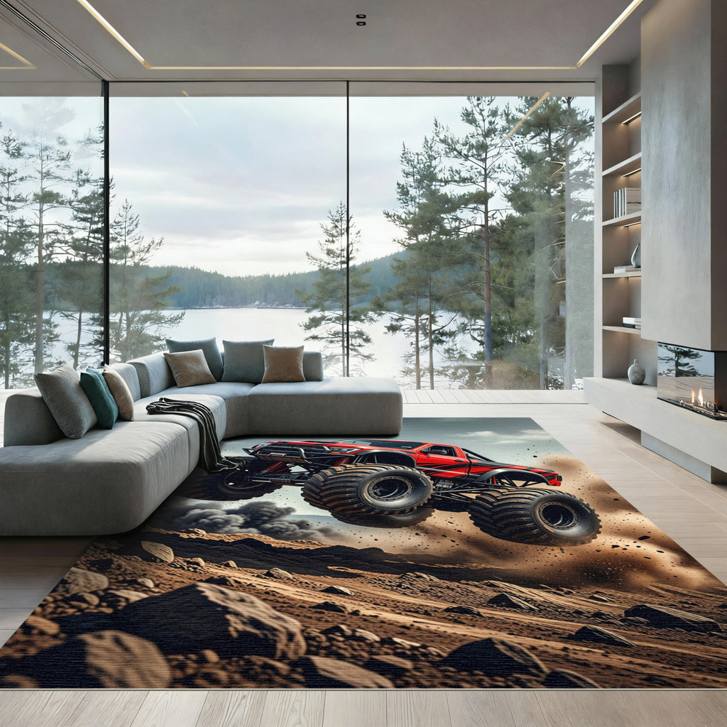 Dynamic Red Monster Truck Action Rug