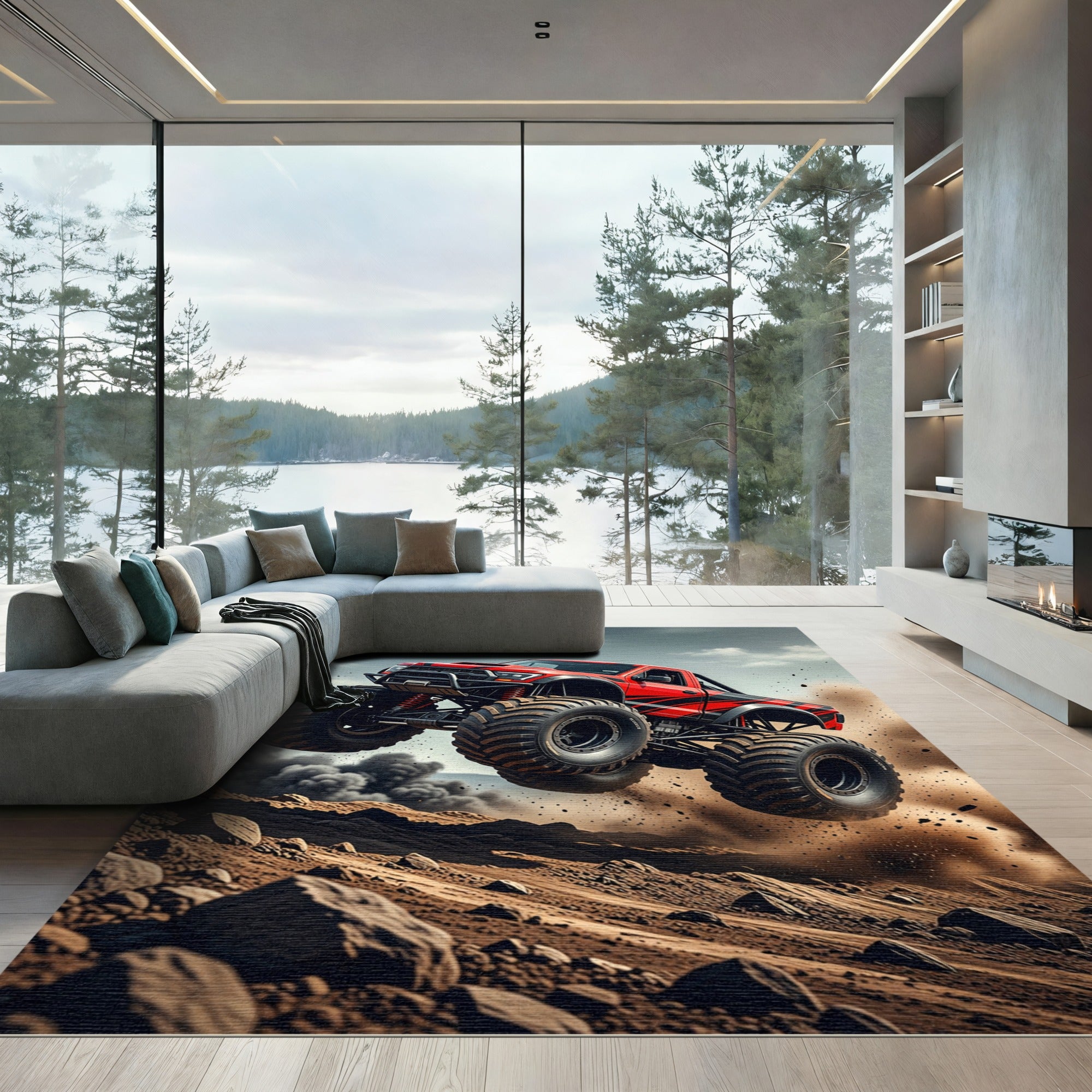 Dynamic Red Monster Truck Action Rug