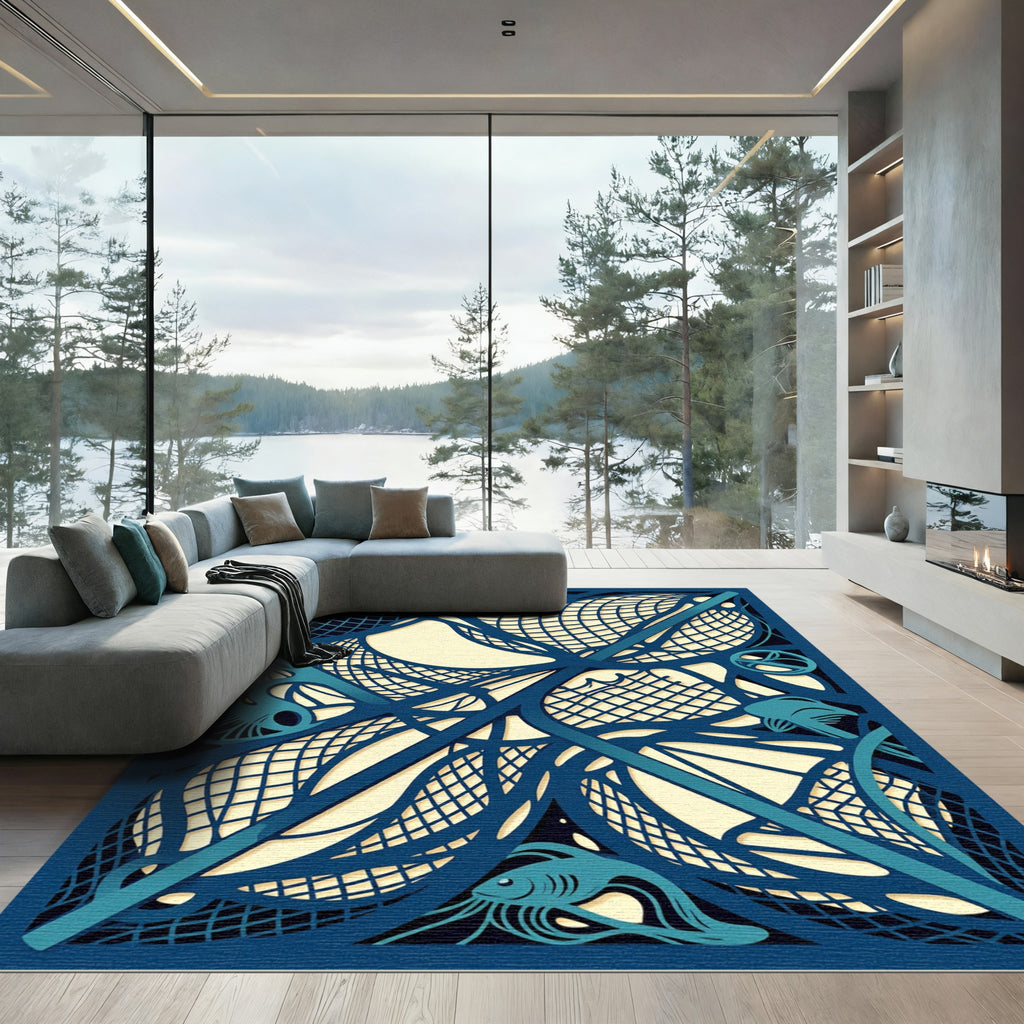 Abstract Navy Blue Sea Net Swirl Rug