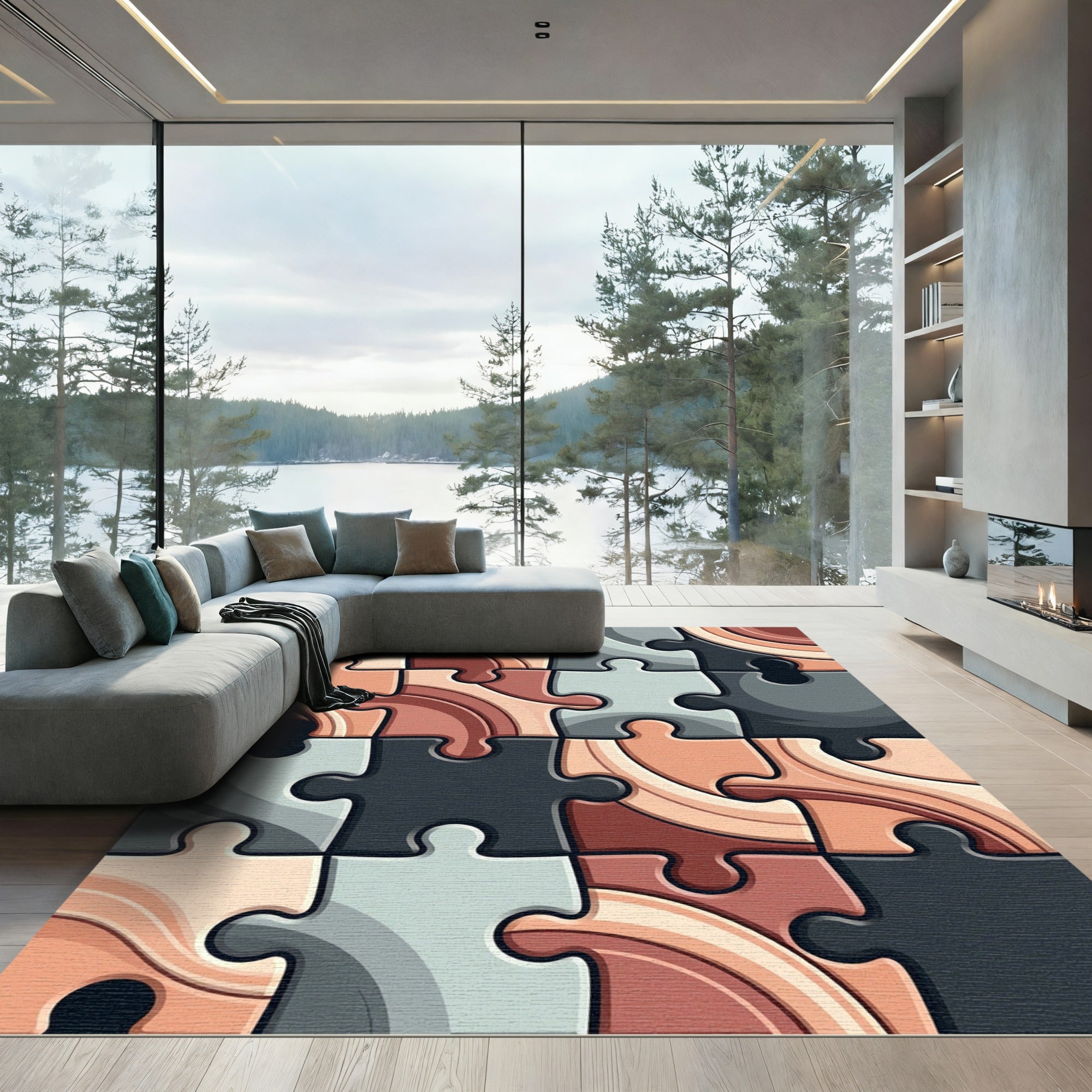 Connected Puzzle Pieces Earth Tone Art Rug