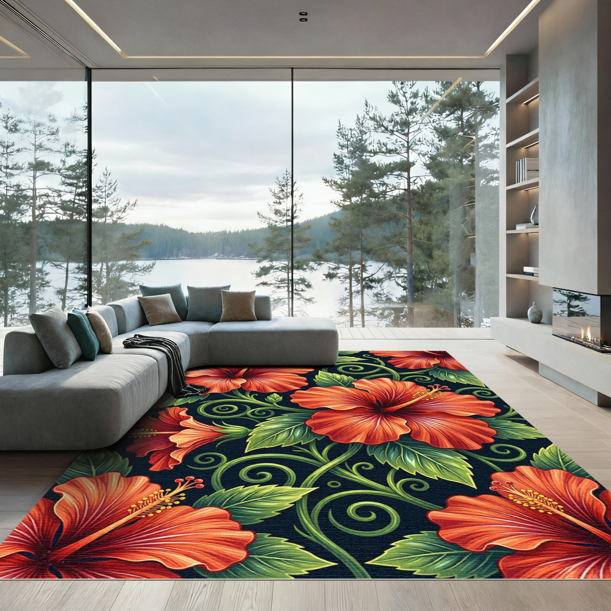 Vibrant Red Hibiscus Floral Swirls Rug