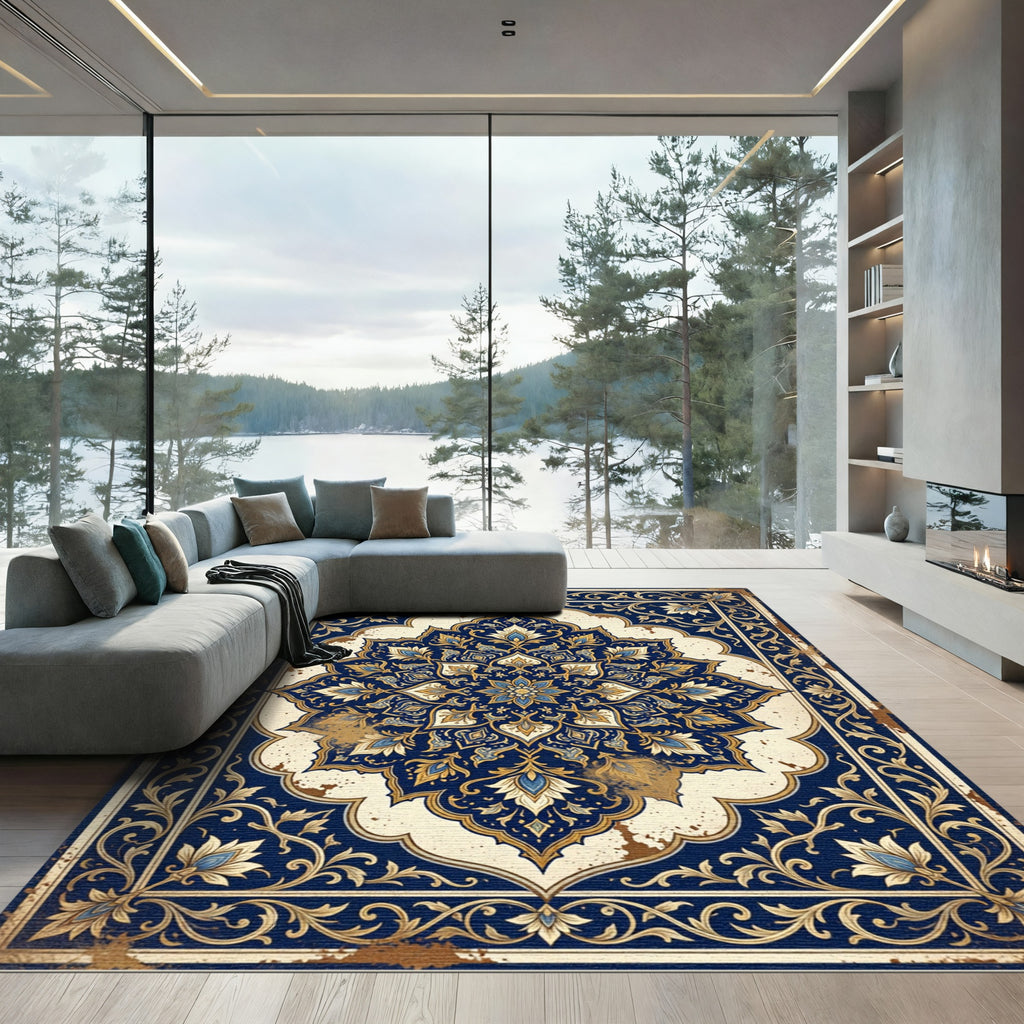 Ornate Blue Gold Floral Mandala Rug