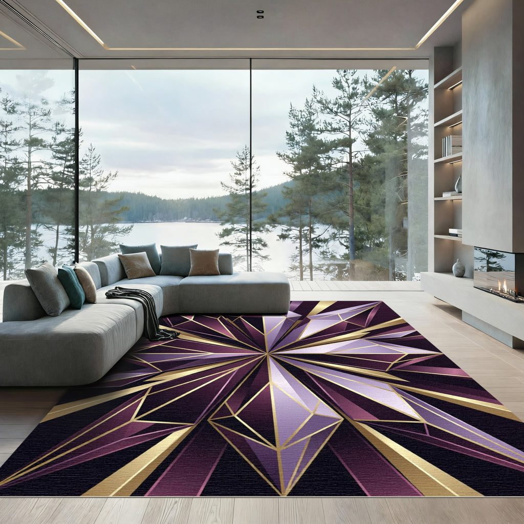 Geometric Plum and Gold Crystal Star Rug