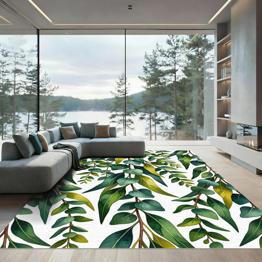 Green Eucalyptus Leaf Branch Pattern Rug