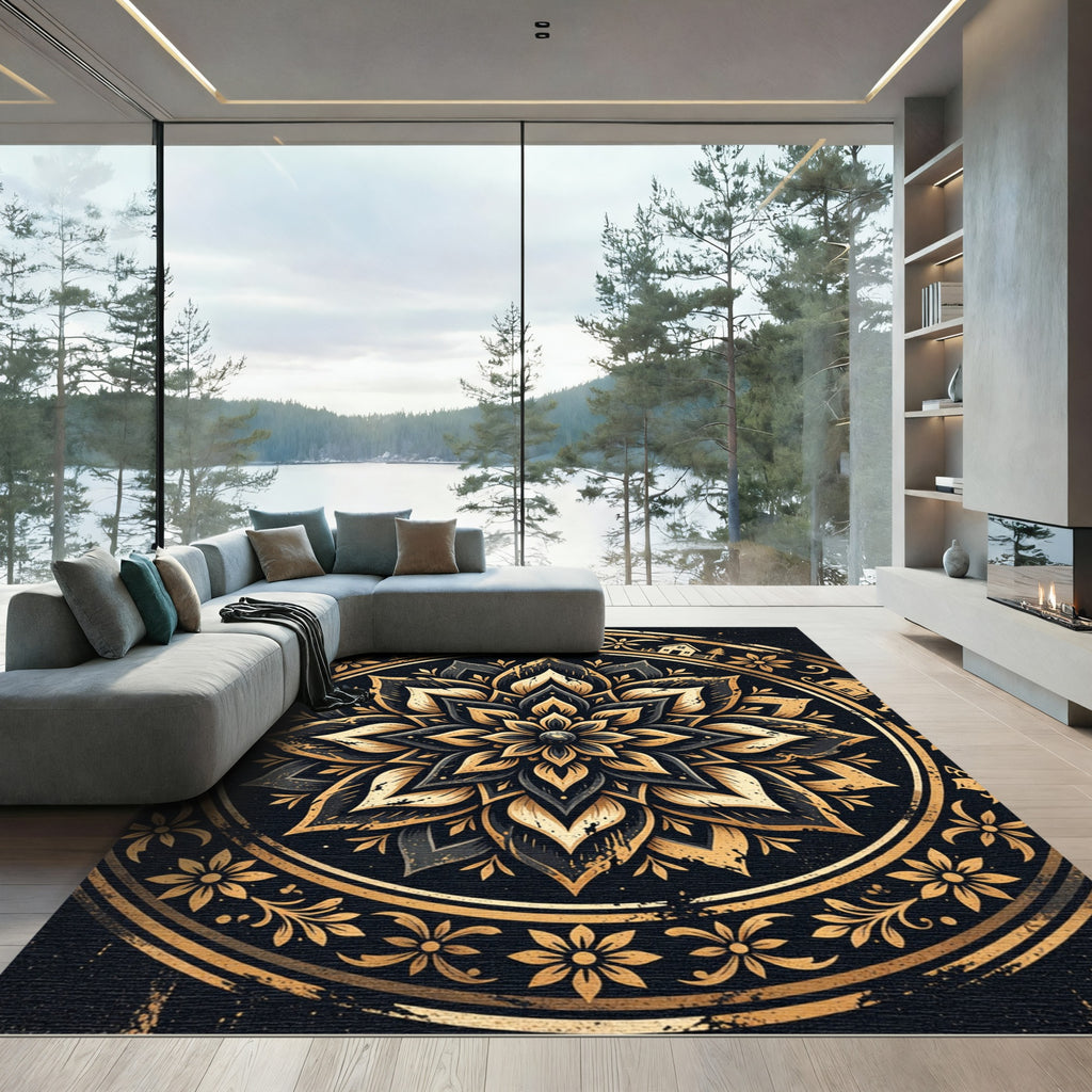 Black and Gold Celestial Floral Mandala Rug