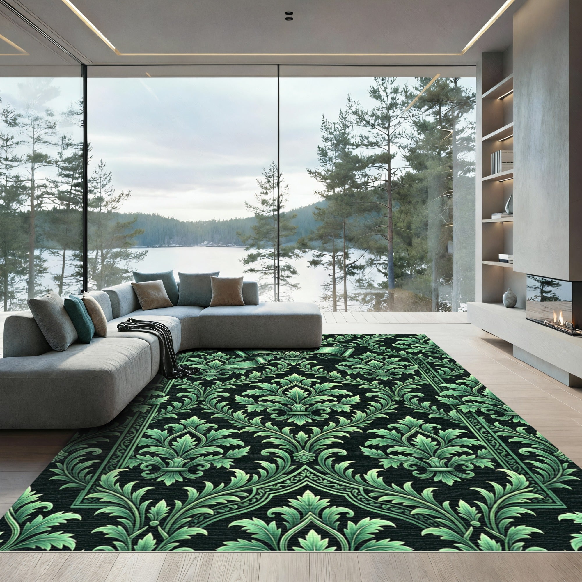 Ornate Green Acanthus Scroll Border Rug