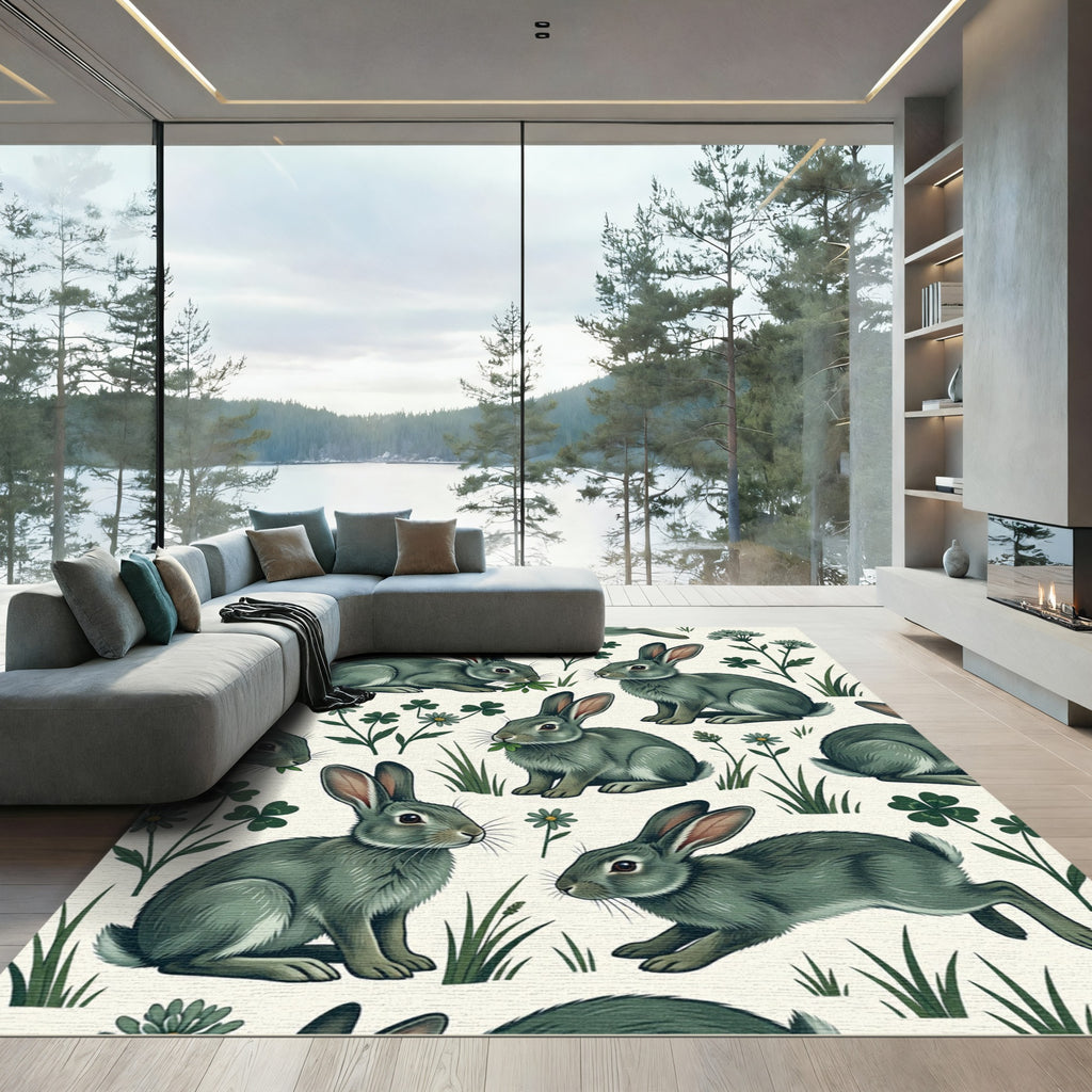 Whimsical Sage Rabbit and Clover Meadow Rug