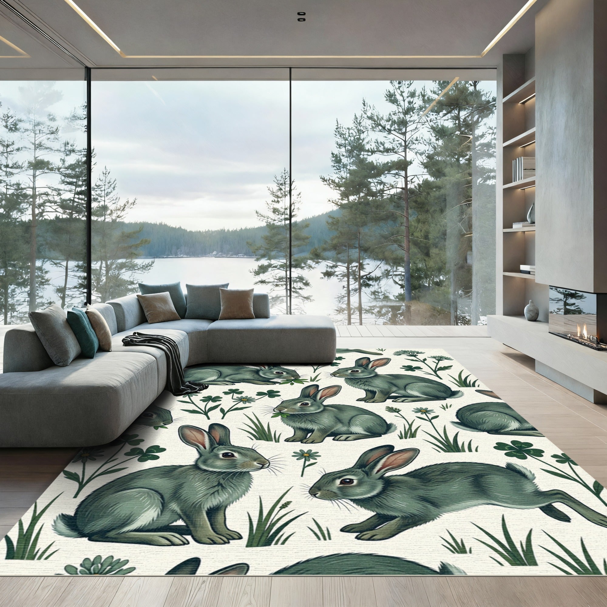 Whimsical Sage Rabbit and Clover Meadow Rug