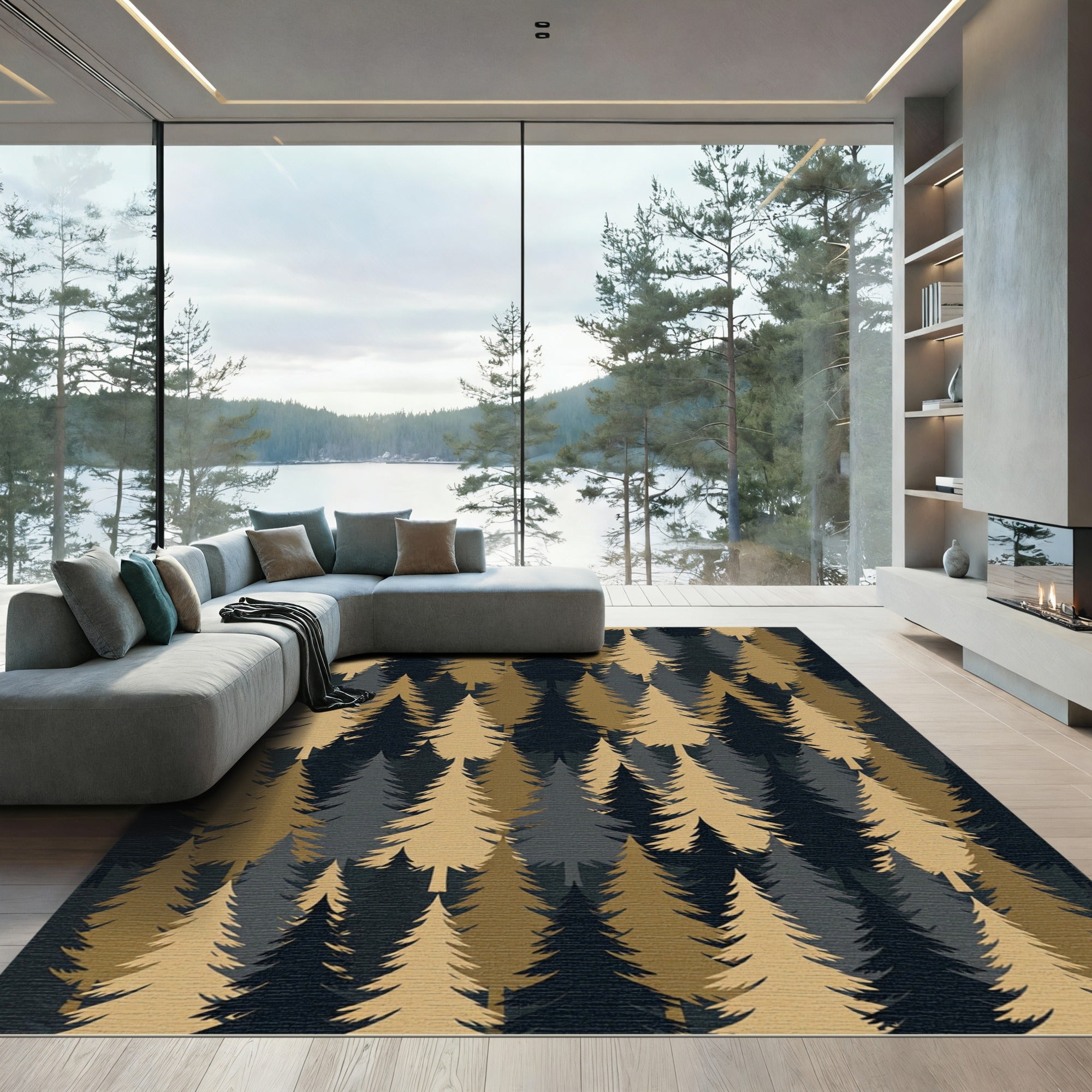 Gold and Charcoal Woodland Pine Rug