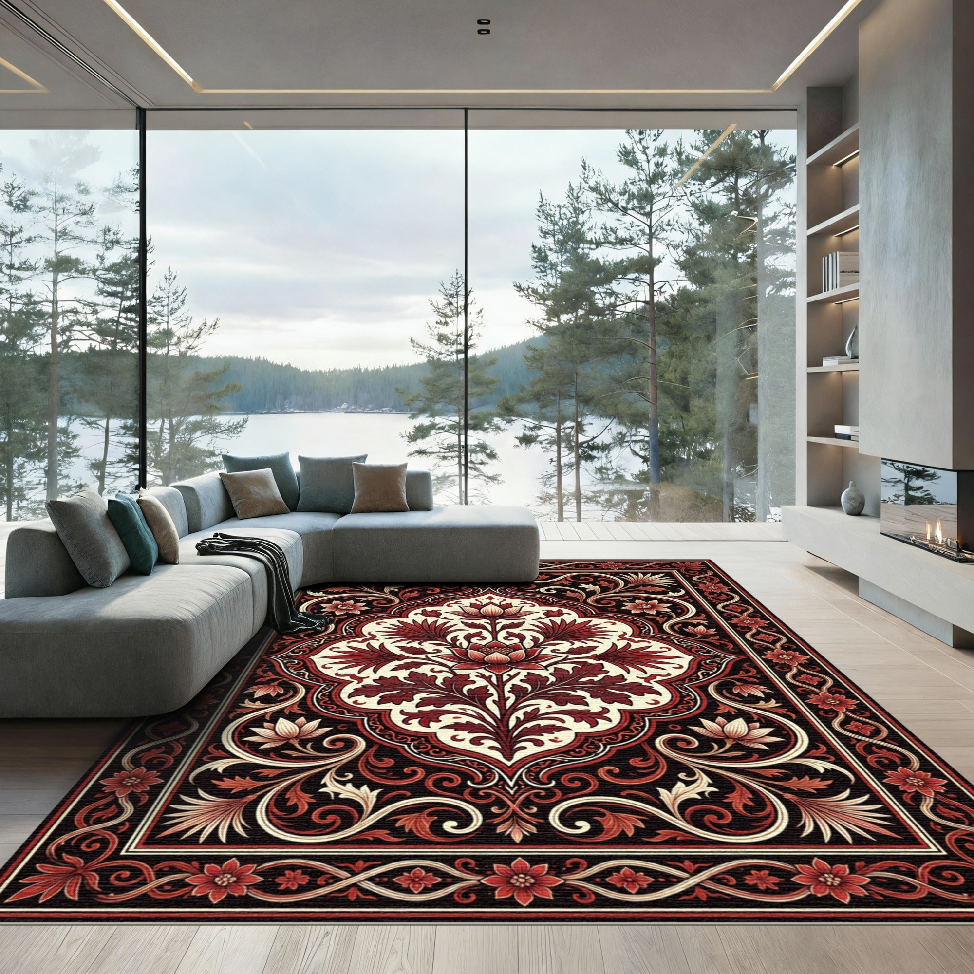 Crimson Floral Medallion Arabesque Rug
