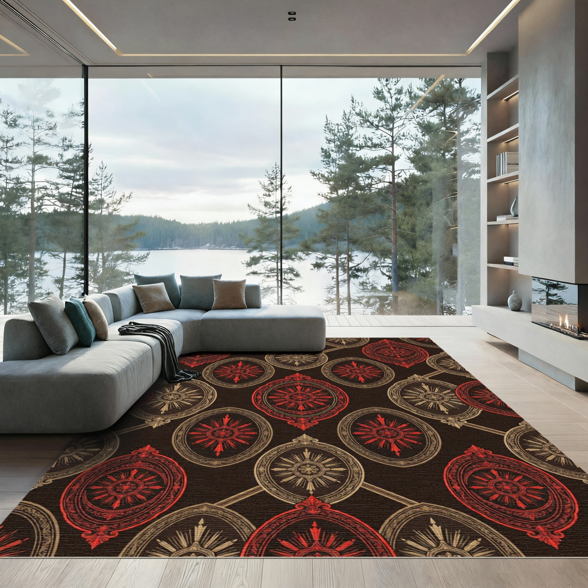 Rich Red Oval Medallion Brocade Rug