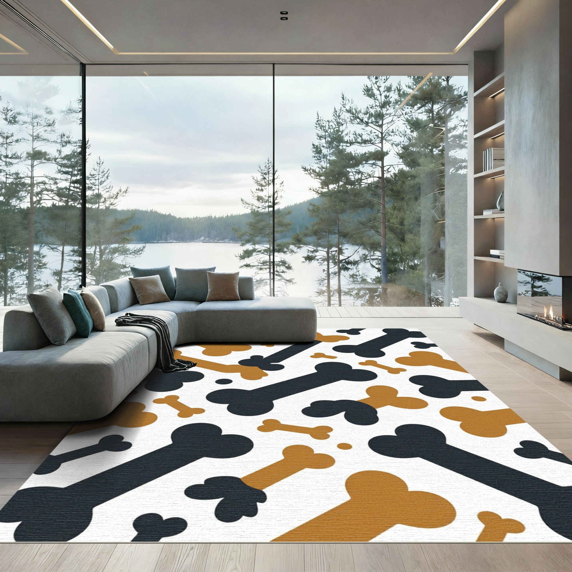 Playful Ochre and Charcoal Dog Bone Rug