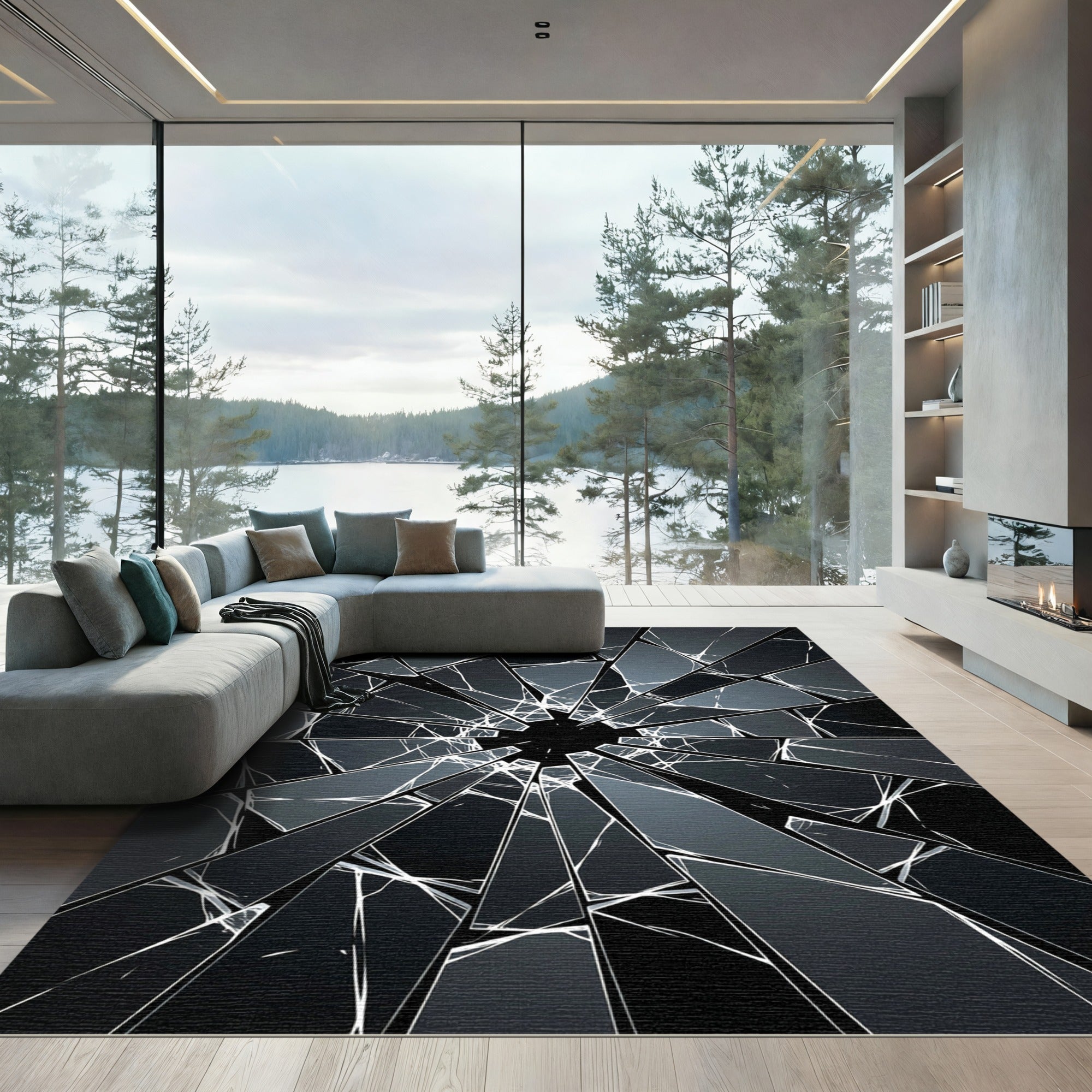 Monochromatic Shattered Glass Geometric Abstract Rug