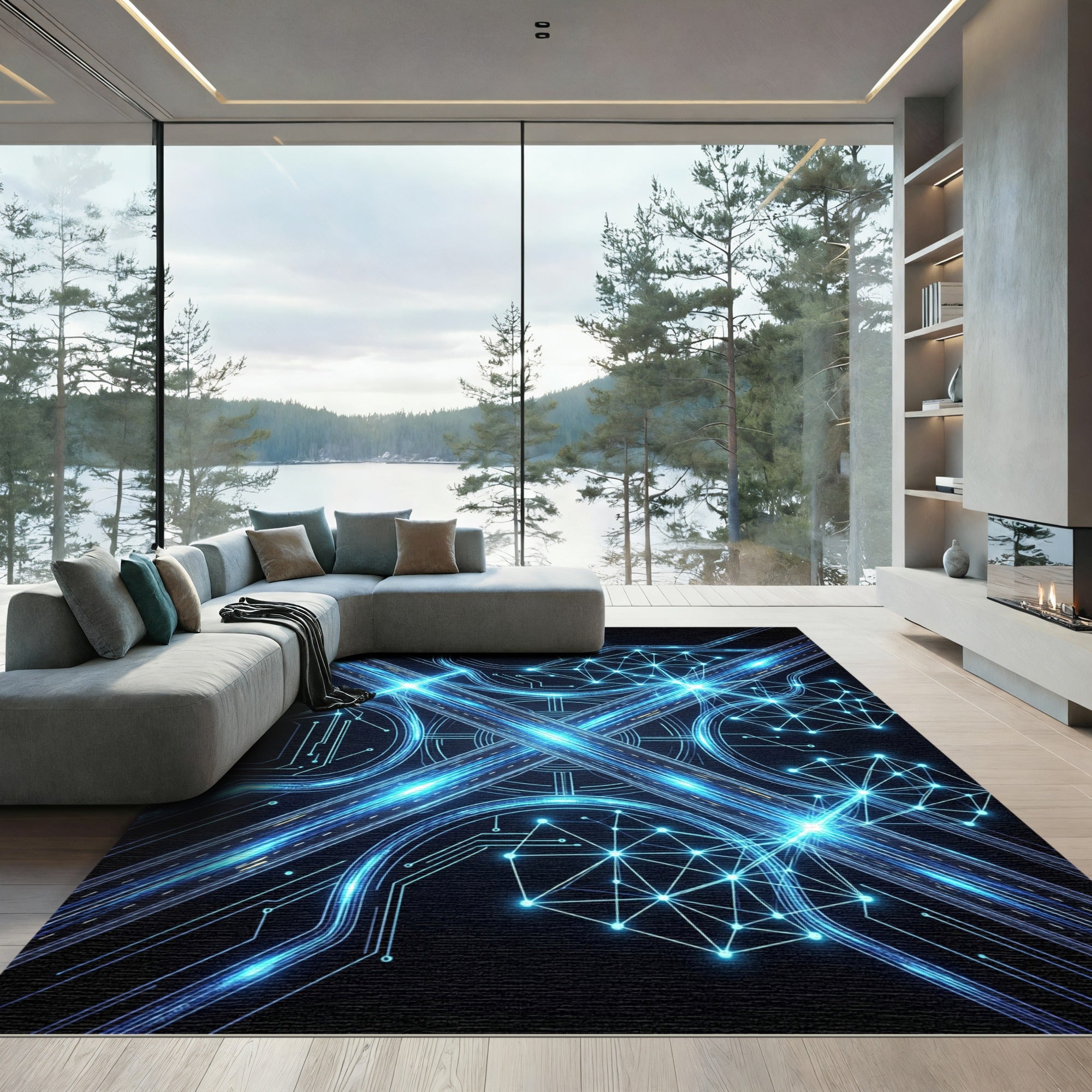 Luminous Blue Cybernetic Geometric Matrix Rug