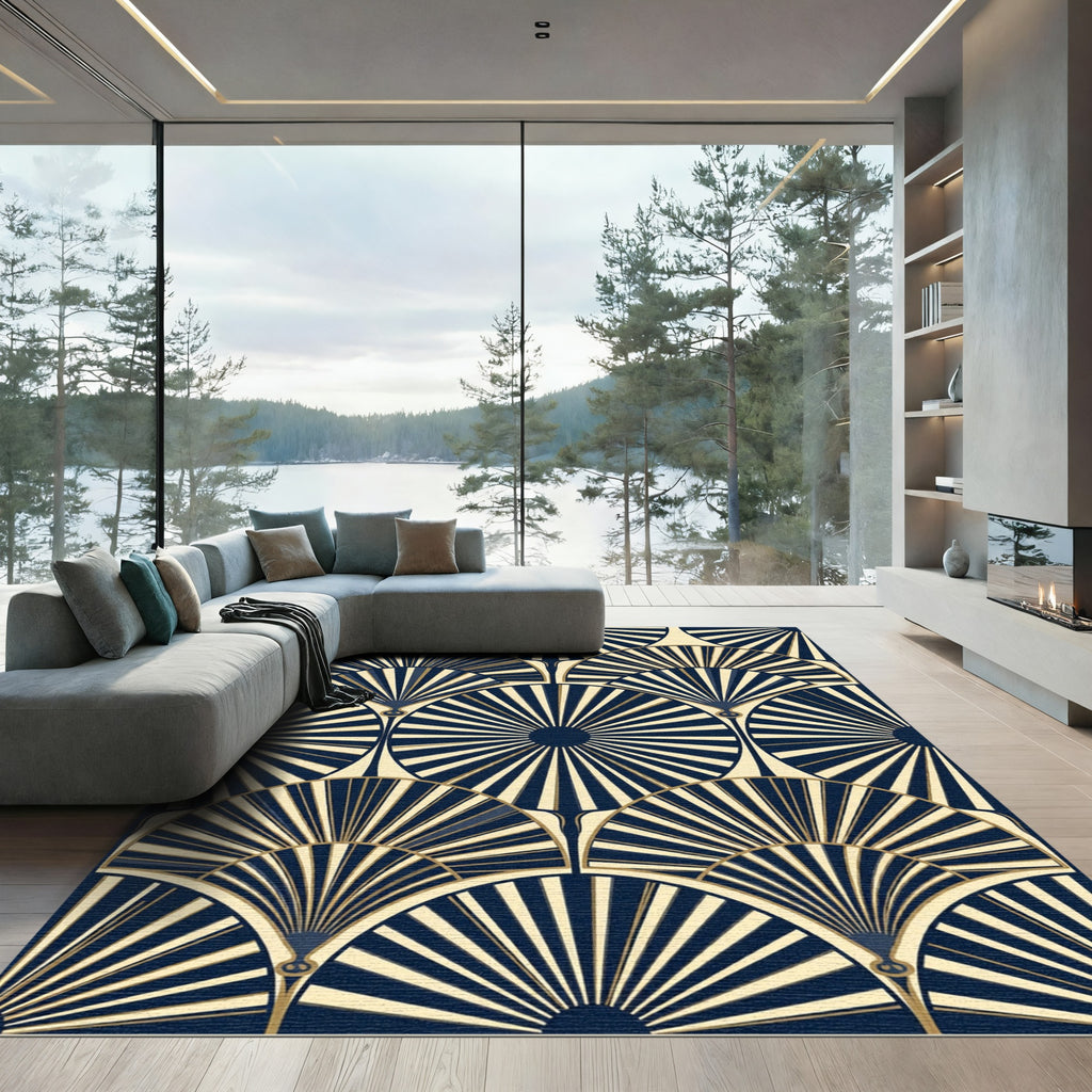Art Deco Fan Navy Gold Geometric Rug