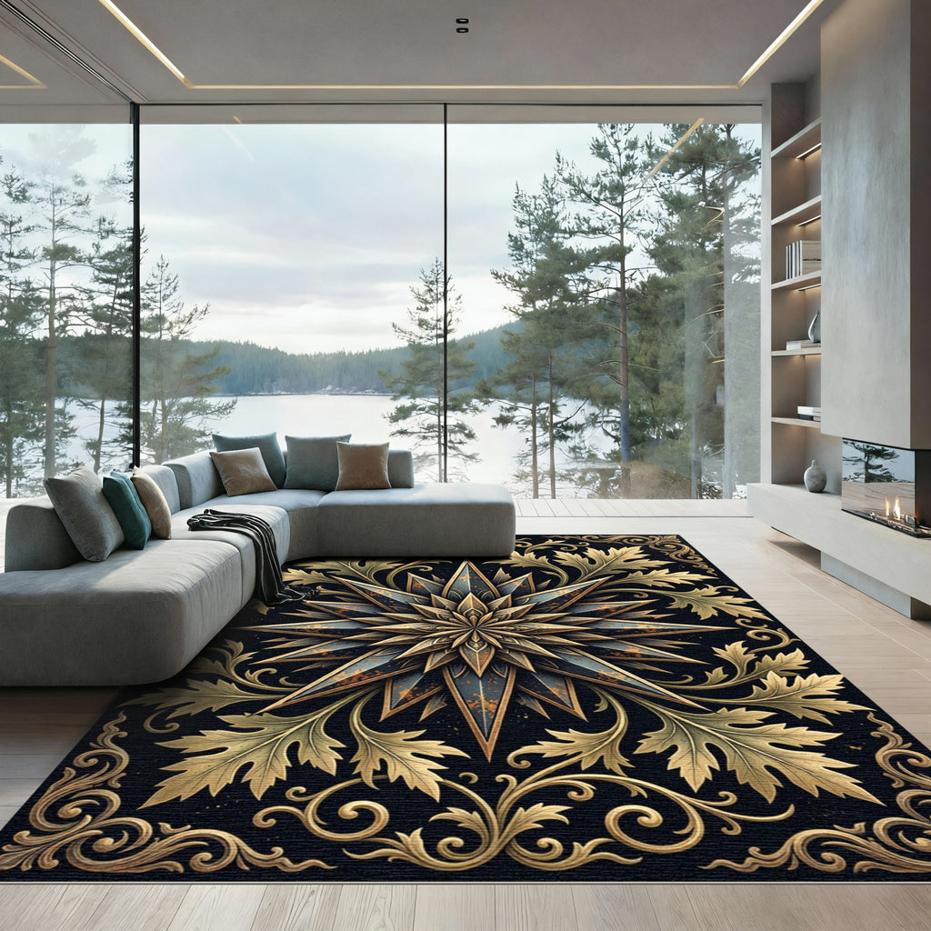 Ornate Gold Leaf Celestial Star Rug
