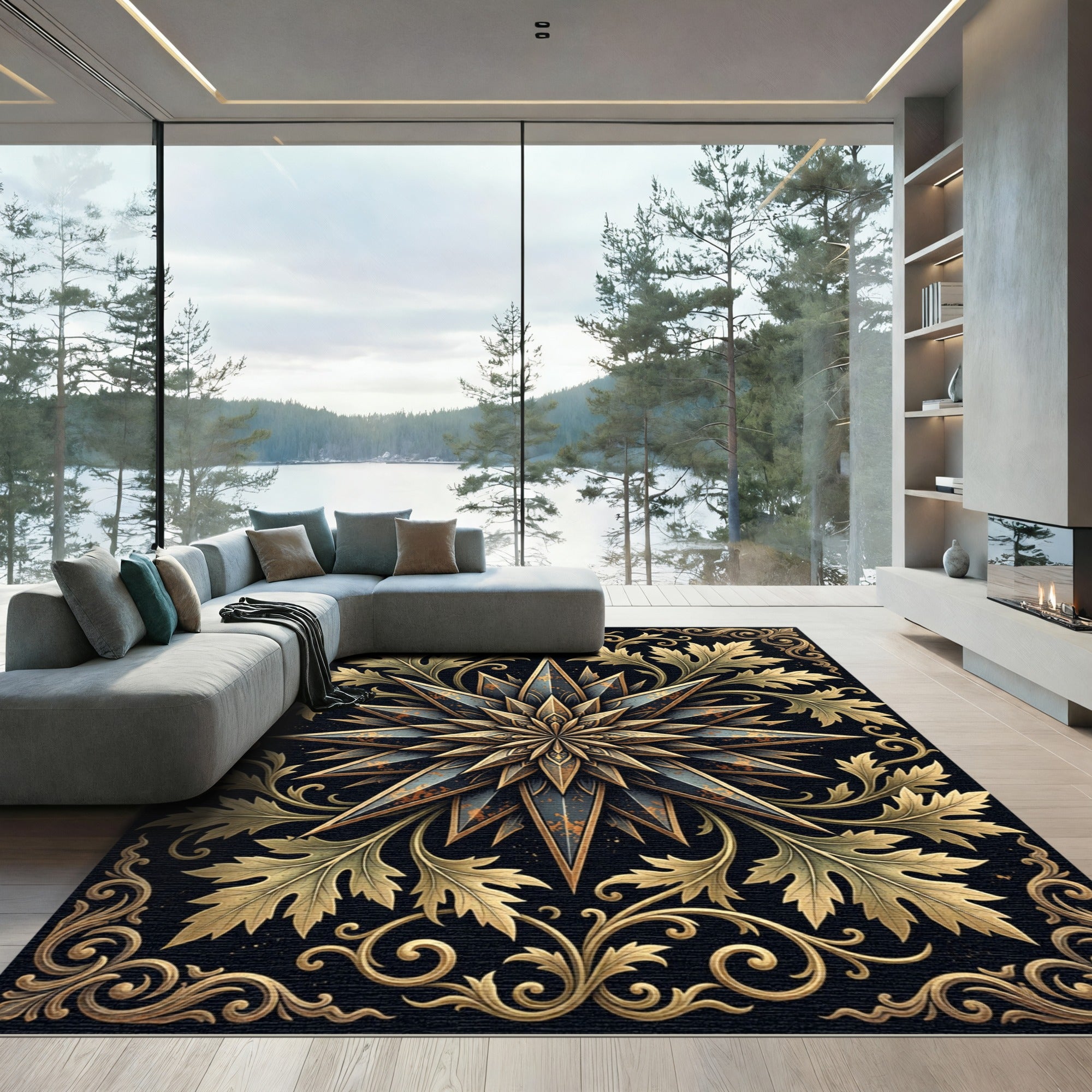 Ornate Gold Leaf Celestial Star Rug
