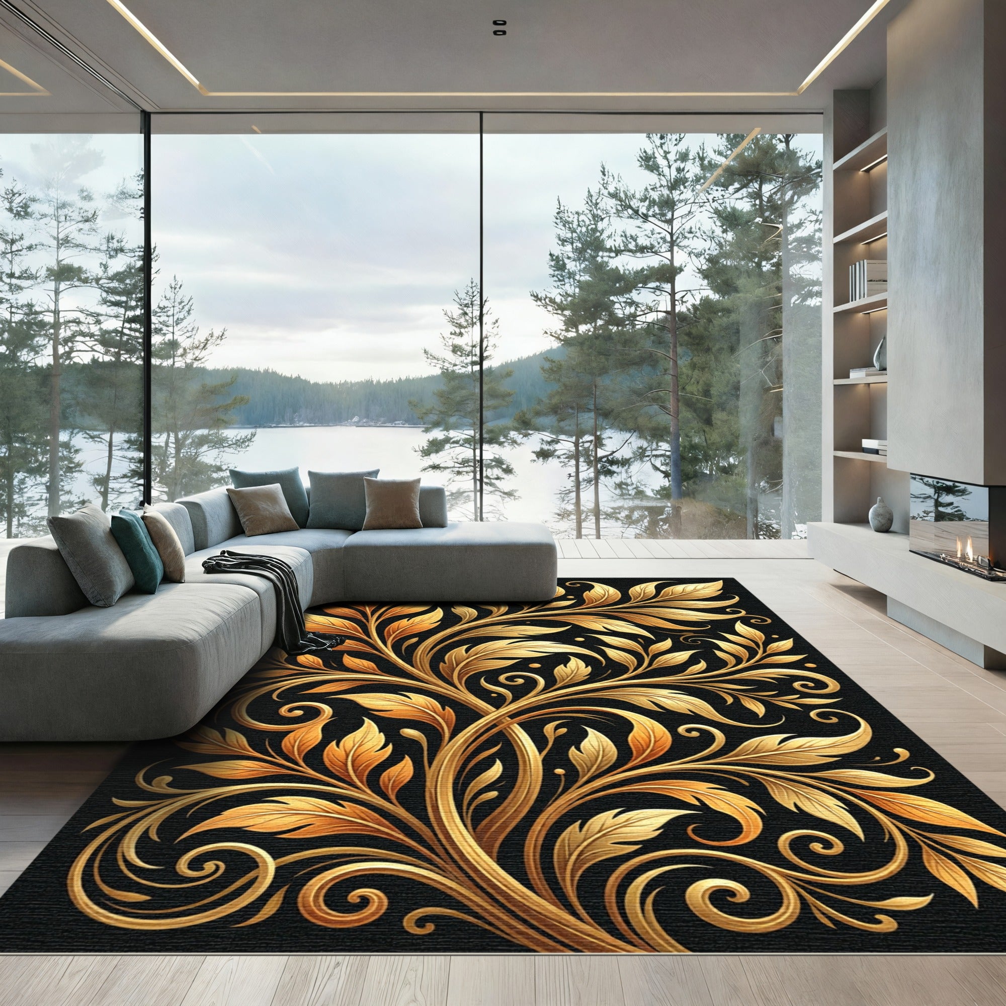 Elegant Golden Swirling Foliage Vine Rug