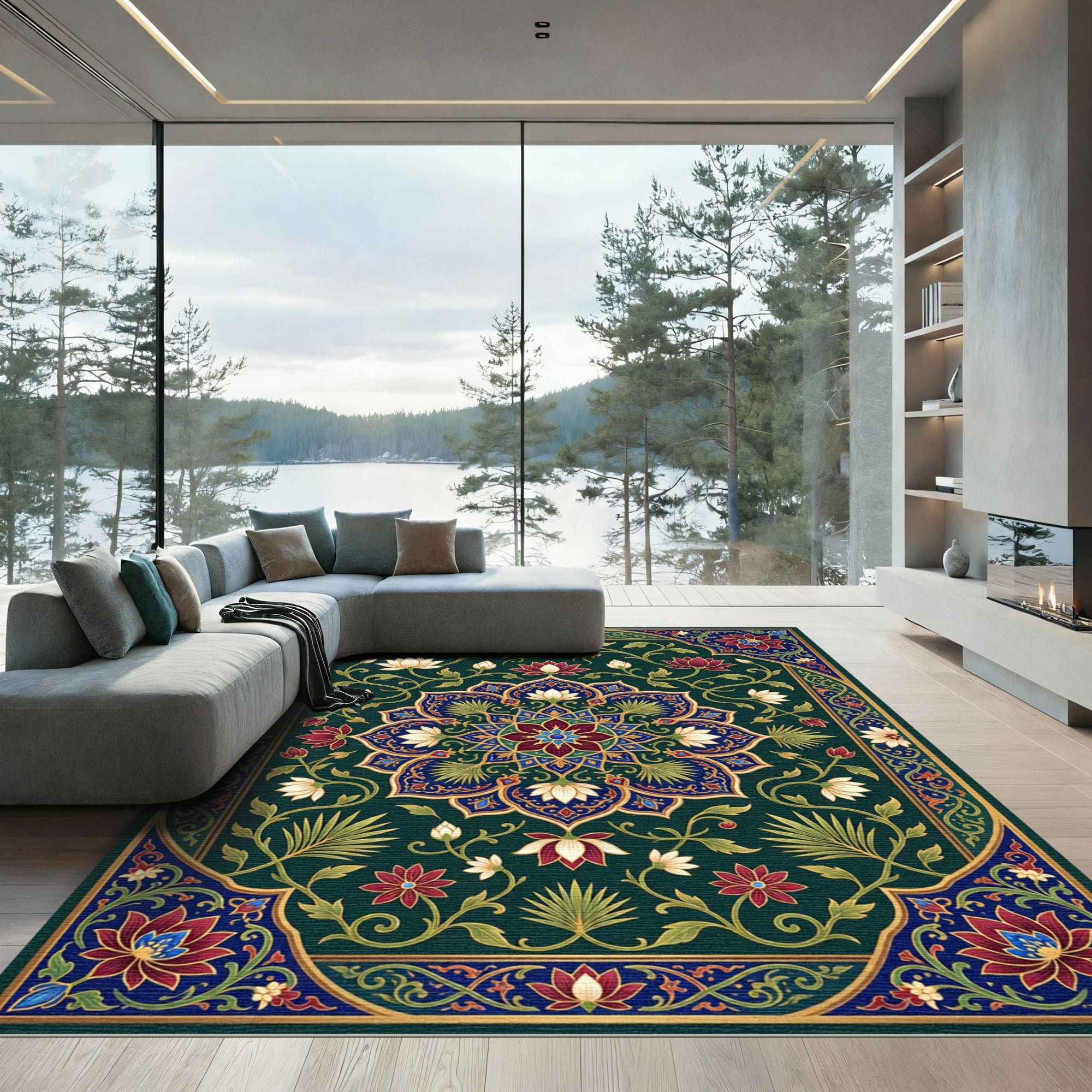 Emerald Lotus Mandala Floral Medallion Rug